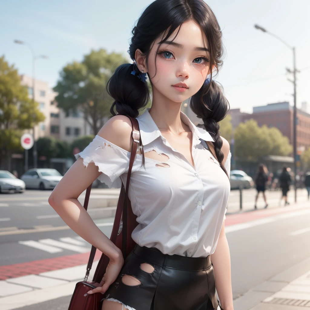 Cute girl, long twintail black hair, blue eyes, black short skirt, white shirt, blue torn