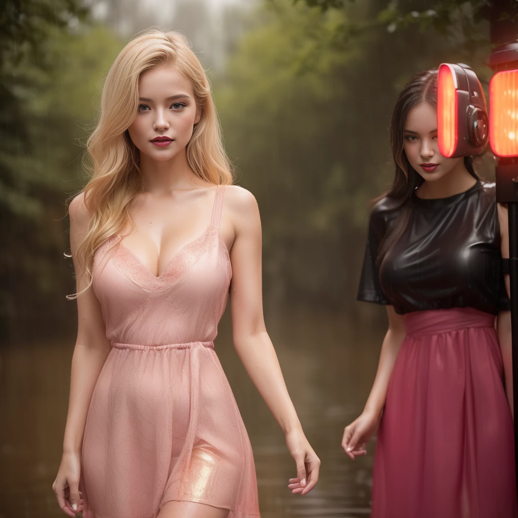 ((Best quality, 8k, totaly nude, standing in the rain, red light district, highly detailed face and skin texture, detailed eyes, double eyelids.) , sexy look, looking on camera, small breast, pink golden skin touch, golden pink lipstick, gorgeous blonde, women, deep forest field.