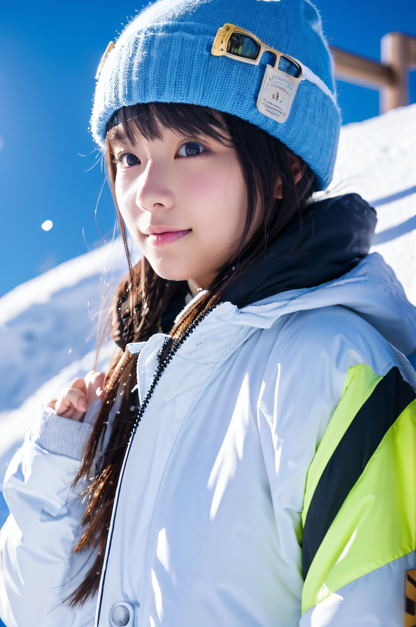 Best Quality、8K,Japan Girl、Fine-grained skin、Snowboarding、Powder snow