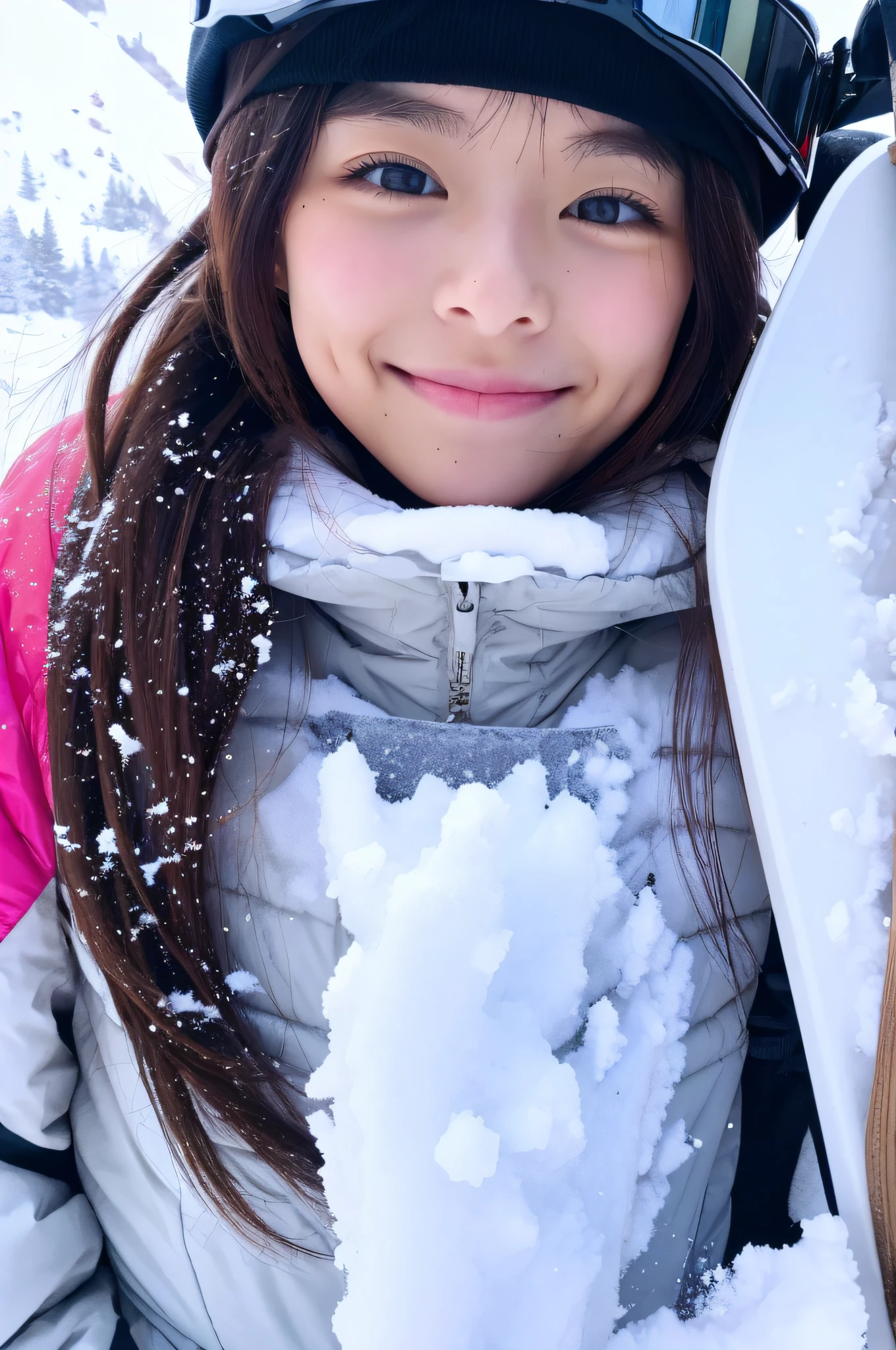 Best Quality、8K,Japan Girl、Fine-grained skin、Snowboarding、Powder snow