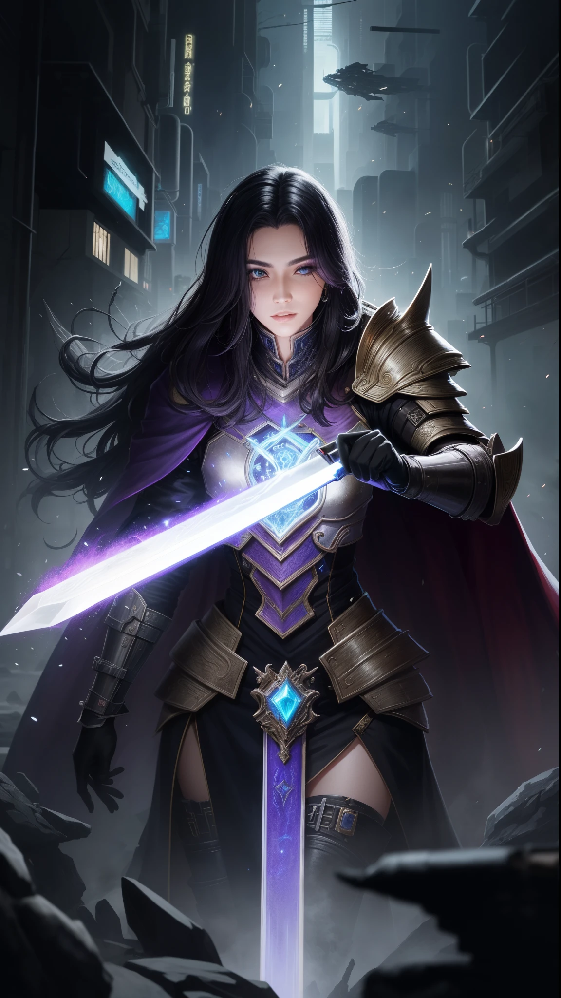 nijistyle,rfktr_technotrex,cyberpunk (sorceress:1.2) casting spells wearing armor, robes, cape, blend fantasy and science fiction together, techno-mancer inspired by D&D, Shadowrun, forgotten realms, wizards of the sword coast, fantasy flight,fcPortrait