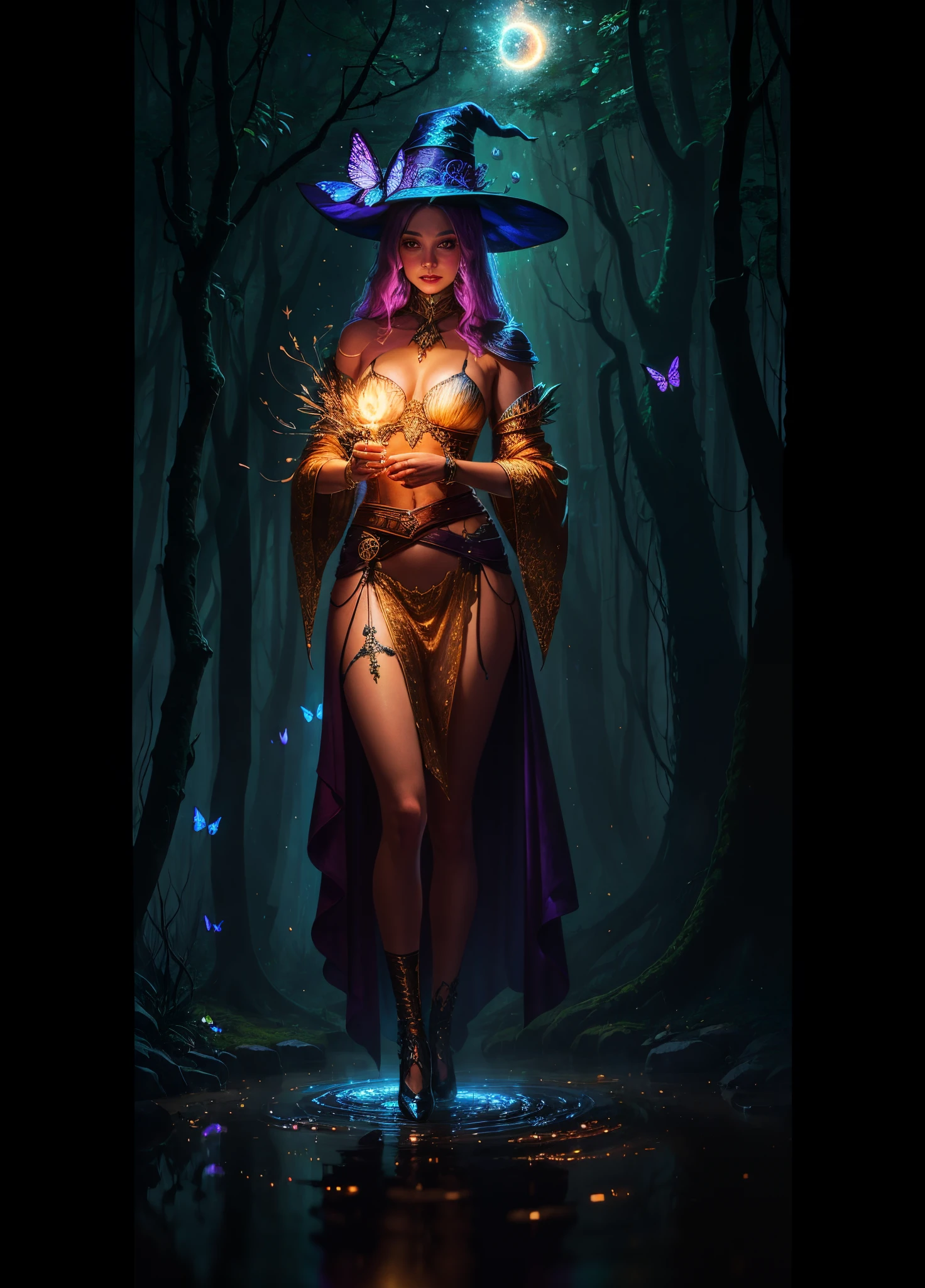 Sexy full body shots of the world's most beautiful works of art, illustratio, 电影灯光, fanciful, A high resolution, highest quality, ultra - detailed, Best quality at best, tmasterpiece, (详细的脸), Sexy mature woman wearing a shirt and (ripped apart) full bodyesbian (transparent galaxy) cloth coats, floating cloth, Collar, glowing (old gangland fantasy) Forest plants with neon details, Open the shoulders, tiny glowing butterflies, hair adornments, Wearing a broken witch hat, (Focus on body:1.25), the night, Small mutant animal in the background, Torn miniskirt ,Potion for the buttocks, Shoulder pads that radiate magical energy, Camel toes, Dark, light reflections