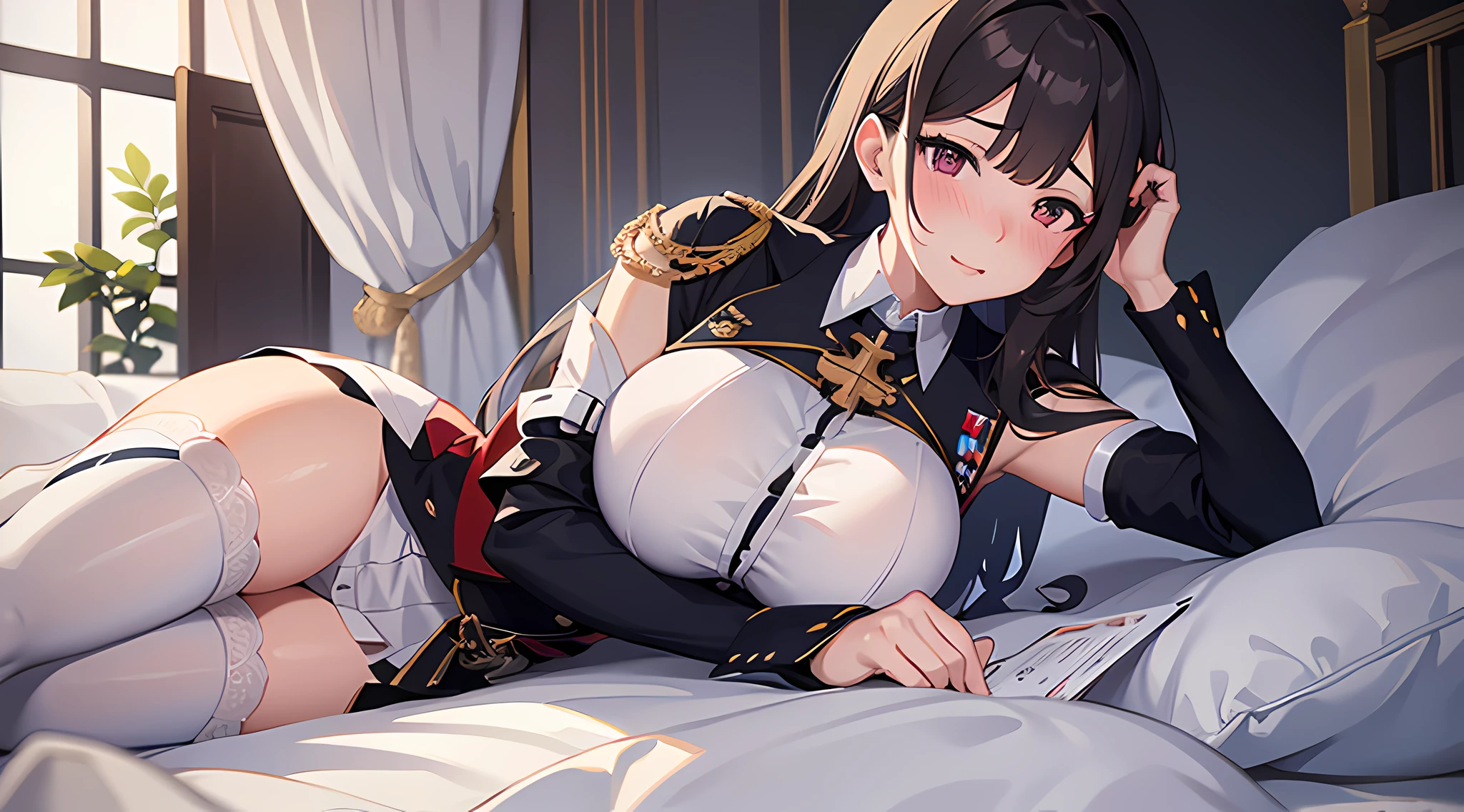 a woman, pixiv contest winner, serial art, top rated on pixiv, big breast, side boobs, wearing white navy uniform, her face is blushing, embarassed, seductive expression, naughty woman expression, azurlane style (full body:0.6), full body illustration