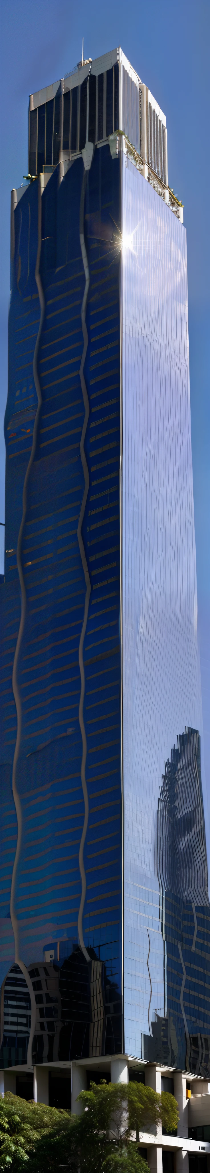 Decorative skyscraper with glass curtain wall and blue sky, 4 0 9 6, mega high-rise building, tall house, the building is a skyscraper, Tall skyscrapers, There are tall glass skyscrapers, visto ao longe, Single building, skyscrapper, Complete building, emphasis on tall buildings, Full glass curtain wall