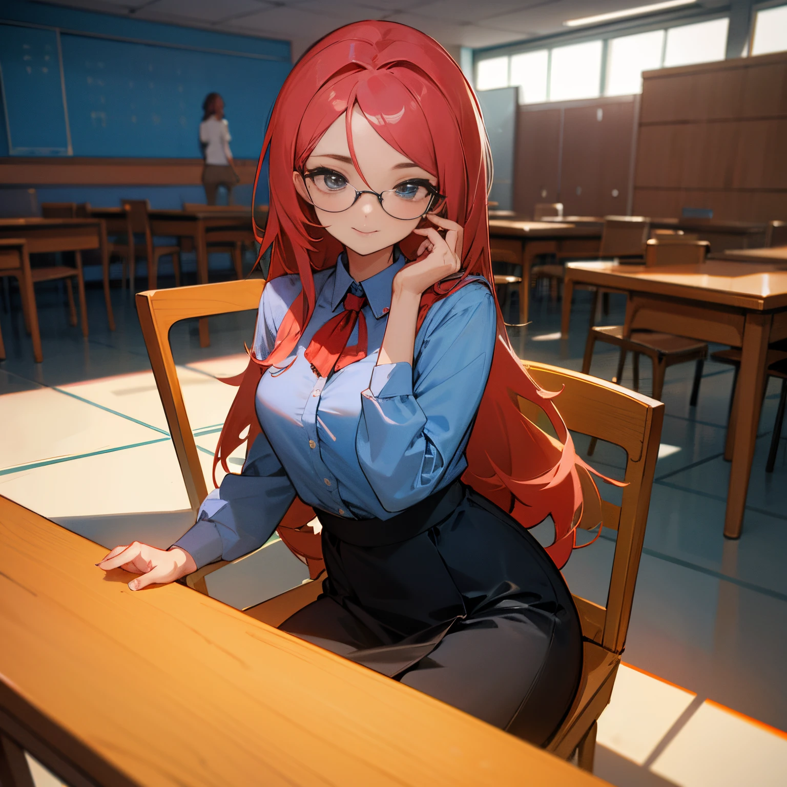 Estilo anime, sala de aula de faculdade, professora s3xy mulher adulta linda morena de olhos verdes, eyeglass, cabelo preso como coque, corpo escultural, voluptuosa, big sixes, camisa azul com botao desabotoado fazendo decote mostrando parte da lingerie vermelha, saia preta ate os tornozelos e sandalia preta, She is sitting at the teacher's table, pernas cruzadas, behind the black square with mathematical counts, ela tem olhar fixo sexy e sorri maliciosamente
