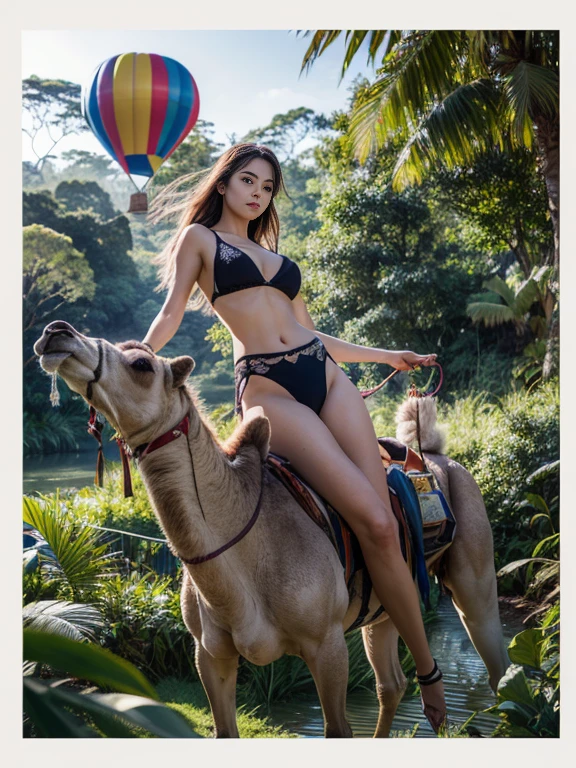 ((top-quality、in 8K、​masterpiece:1.3、Raw photo))、Super high quality photos, Female idol riding in a hot air balloon gondola flying over the jungle、Very beautiful Japan idols, Slim legs, Wear a see-through shirt, ((nipples are protruding))、((camel's toe)), Under the balloon is a vast tropical jungle, (Photorealistic: 1.4), (hyper realisitic: 1.4), (Realistic: 1.3), (Smooth lighting: 1.05), (Improved film illumination quality: 0. 9), 32K, 1 girl, 20yr old, (Quality Improvement: 1.4), (Realistic skin texture of the highest quality: 1.4), Narrow eyes, Narrow face, Fine eyes, (Strengthens the atmosphere of the body line: 1.1), (Beautiful skin texture enhancement: 1.1), Cinematic lighting、camel's toe、A single vertical line cuts into the center of the panties、See-through pubic area、((Female idol riding in a hot air balloon gondola flying over the jungle)), ((Perfect beauty)),