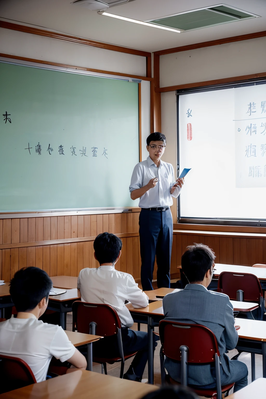 Chinese male teacher in class,Sitting below are a group of ten-year-old primary school students,The teacher stands on the podium,Cartoon drawing,The color should be bright,Chinese classroom,The table was full of books