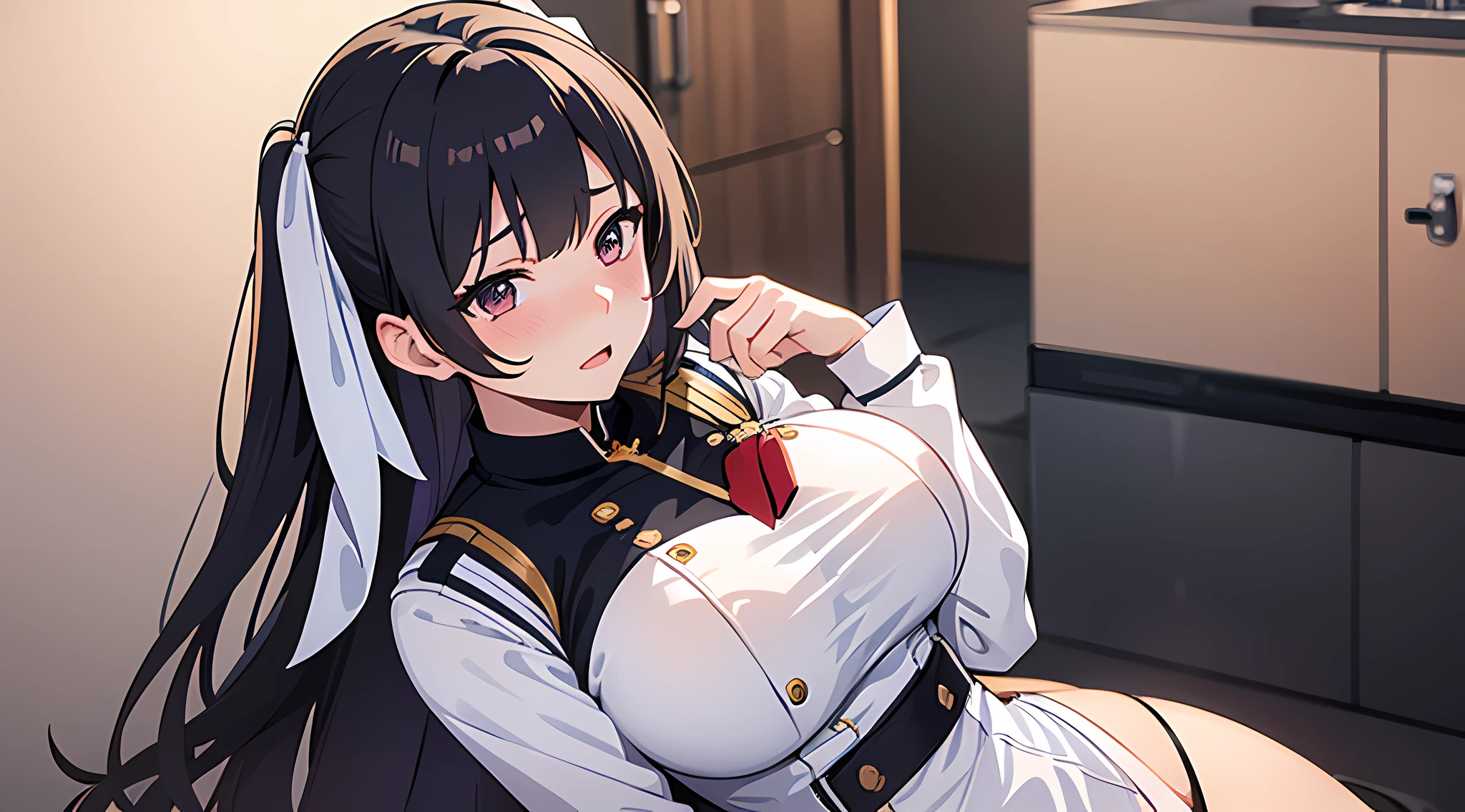 a woman, pixiv contest winner, serial art, top rated on pixiv, big breast, side boobs, wearing white navy uniform, her face is blushing, embarassed, seductive expression, naughty woman expression, azurlane style, standing, (full body:0.6), full body illustration