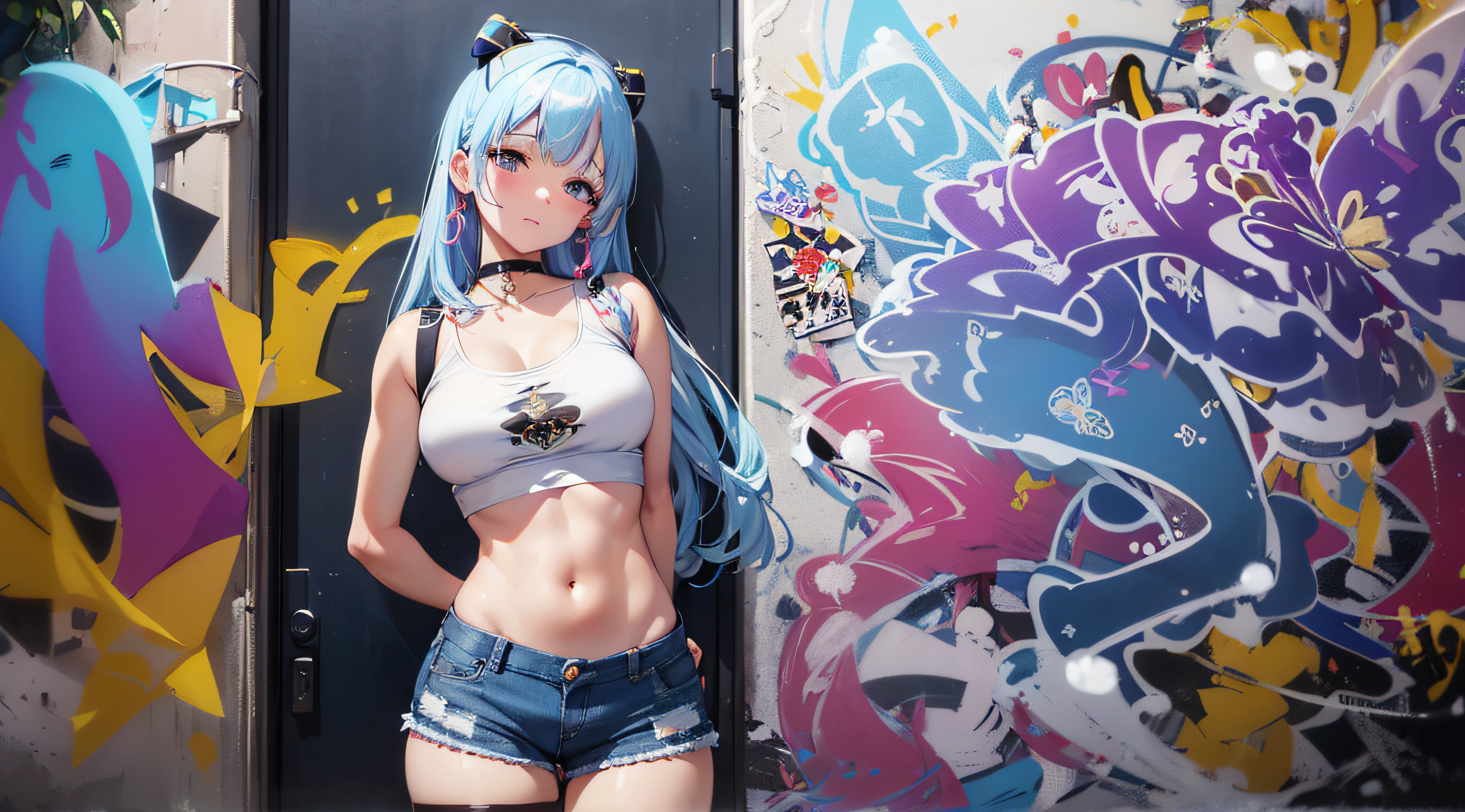 nsfw, masterpiece, hyperphotorealism, full body, blue-haired woman, rainbow eyes, tattoos everywhere, transparent hologram lace micro mini bikini