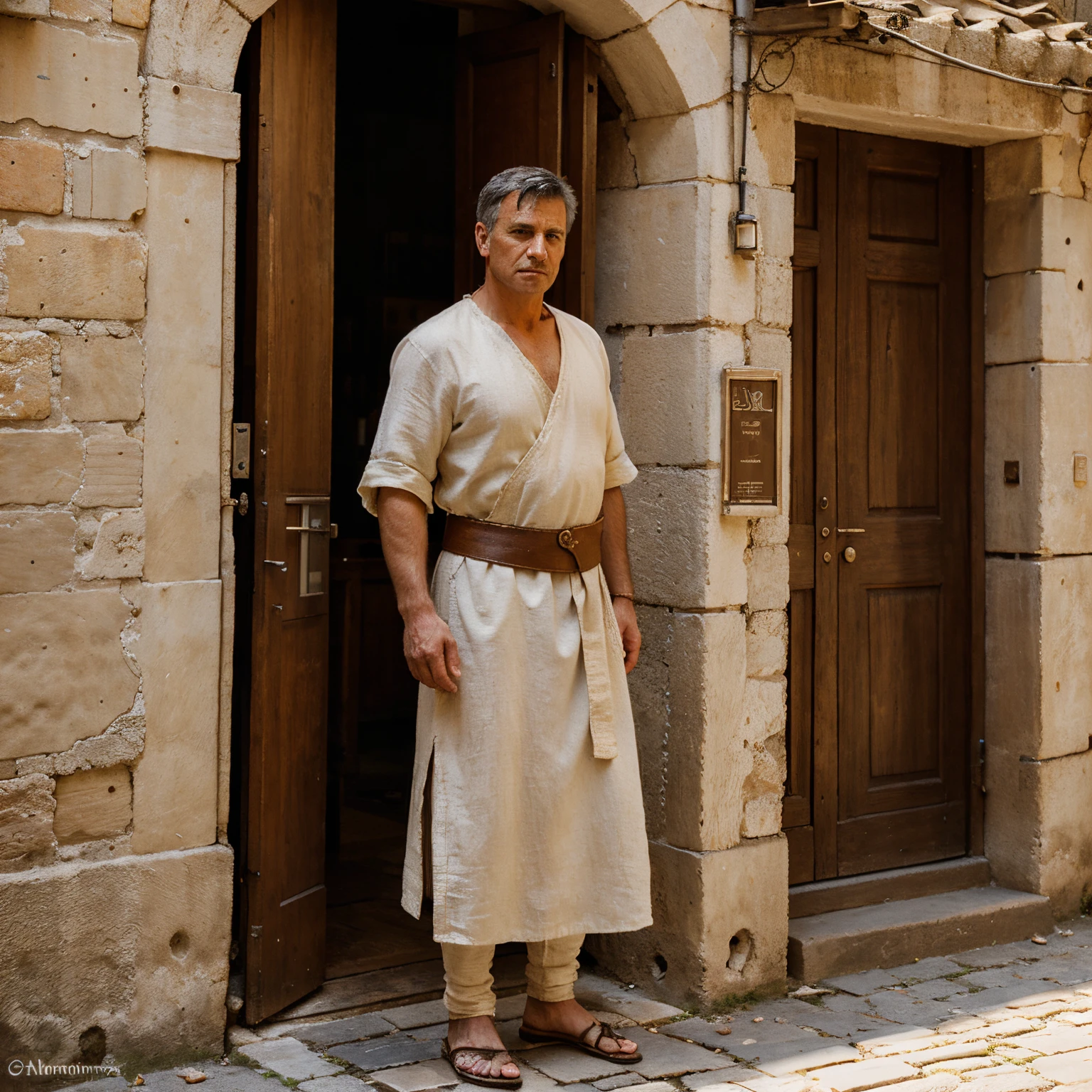 Old Roman soldier, clean shaven, linen tunic, old Roman city, narrow street, morning light