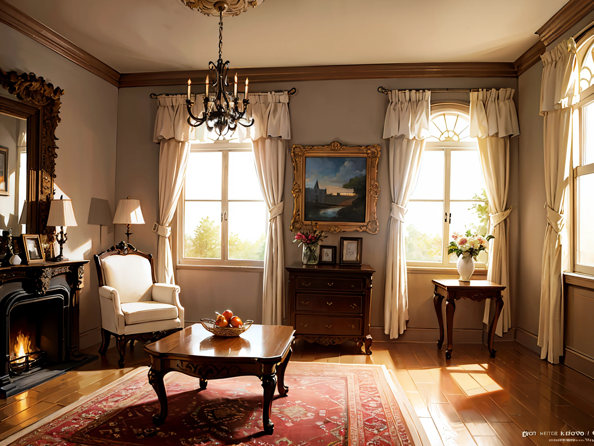 Italianate style, a soft bed, a coffee table, bedside tables, vases, hanging paintings, dressers, square glass windows, wooden furniture, wardrobes, intricate carvings, and oil paintings. Warm colors, award-winning masterpieces with incredible detail, large windows --v 6