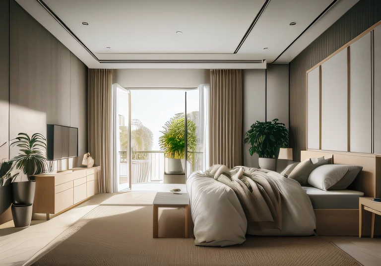 bedroom, luxury, gdmint, modern, natural light, bedside table, large glass door, potted plant, main dark color, RAW photo, Masterpiece, high quality, best quality, ultra super realistic, super detailed, 8k high quality, detailed, colorful analog photo, masterpiece, photorealistic, vibrant color film, masterclass, heavy (film grain),
