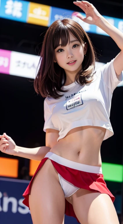 (4K Picture Quality)、{Photo quality 8K:2}、{Ultra-high resolution picture quality:2}、{ultra realistic}、{perfect anatomy}、{japan}、{NSTDA.}、1 female、Brunette Bob、 red micro mini skirt、white micro t-shirt、dancing、Dynamic Poses、Twisted skirt、White panties are visible....、Her body can be seen entirely....、being on stage、Reveal the nipples.