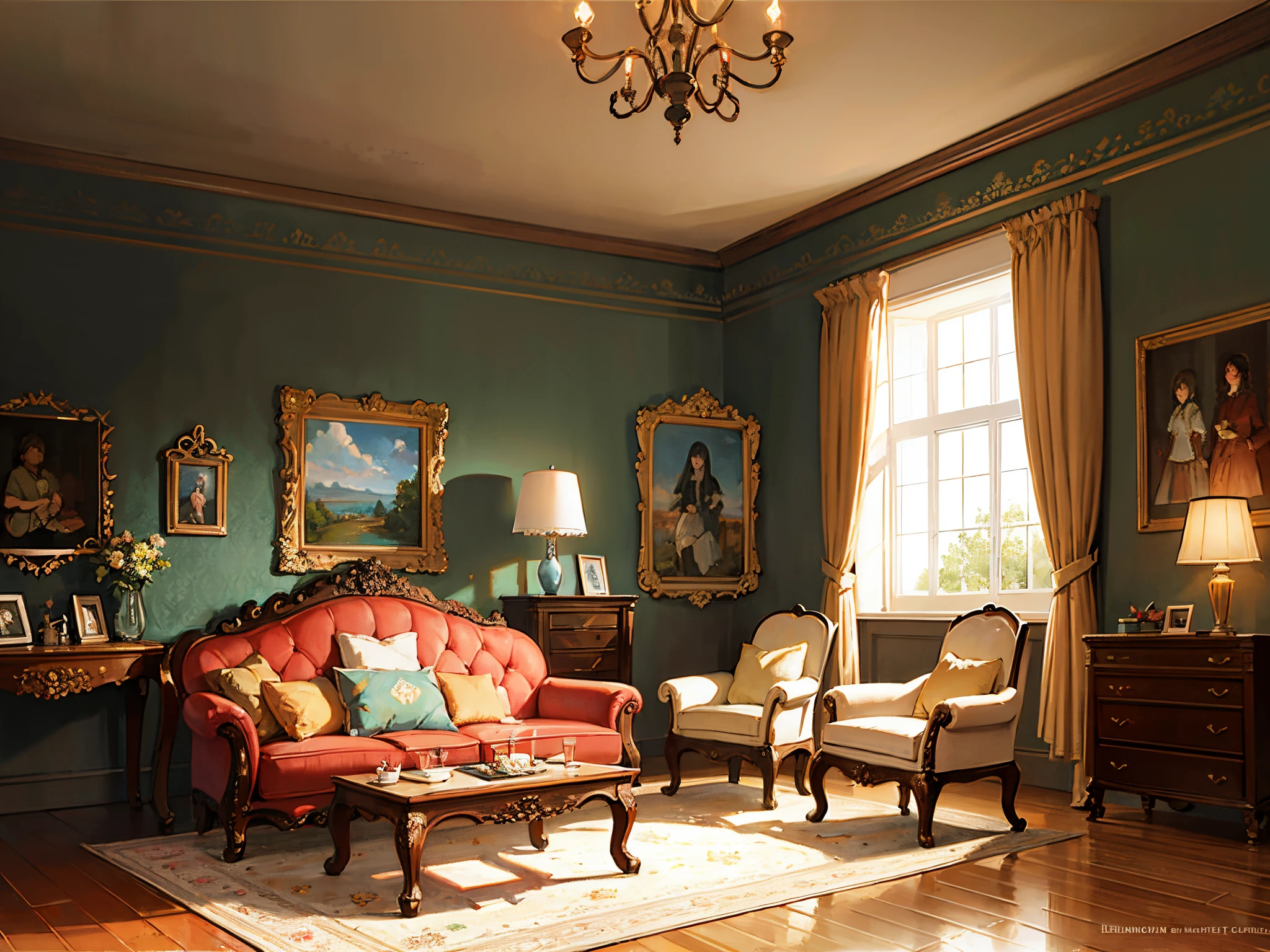 Italianate style, a soft bed, a coffee table, bedside tables, vases, hanging paintings, dressers, square glass windows, wooden furniture, wardrobes, intricate carvings, and oil paintings. Warm colors, award-winning masterpieces with incredible detail, large windows --v 6