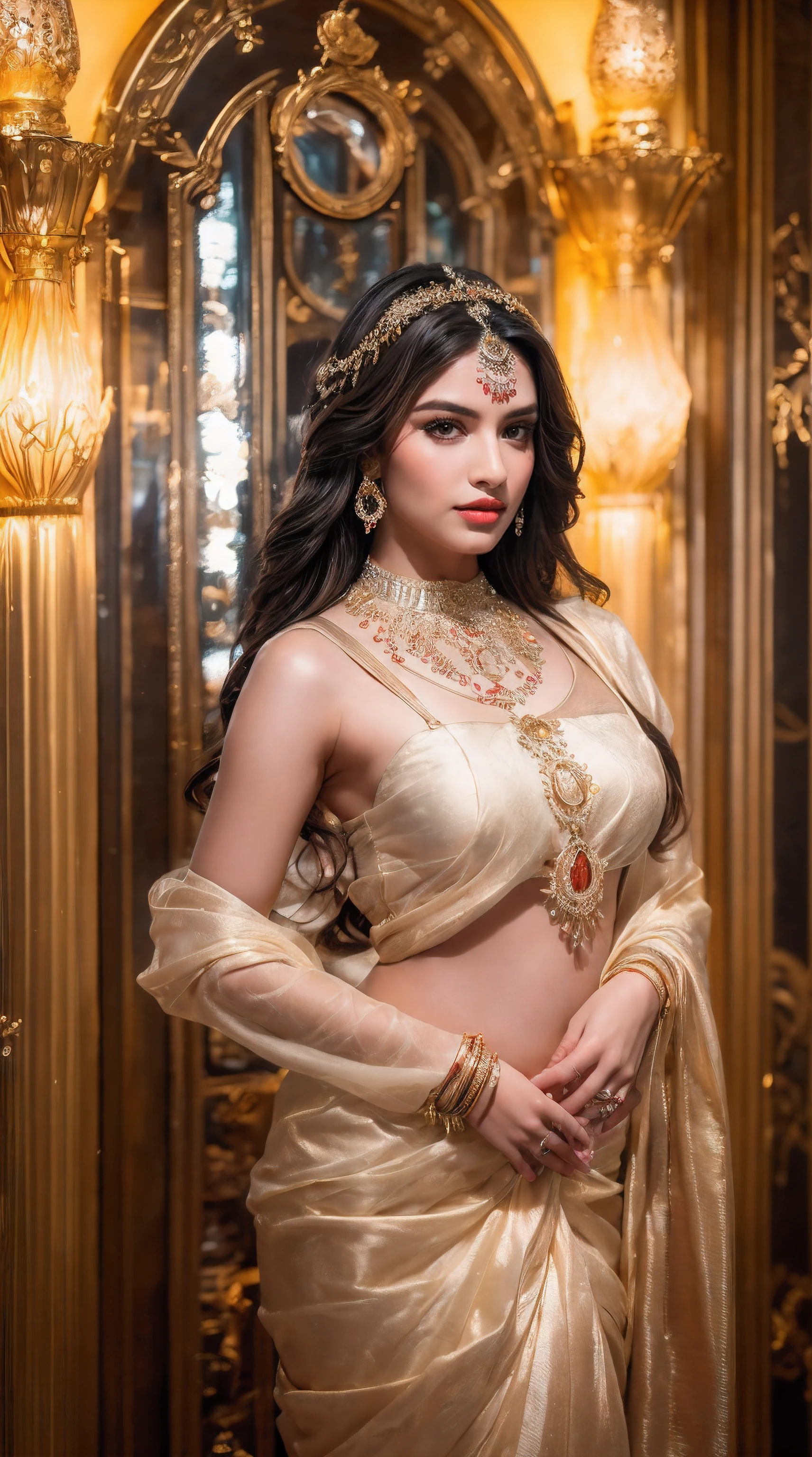 ((Best quality, 8k, Masterpiece :1.3)), Sharp focus :1.2, Generate a realistic image of a beautiful sexy Indian woman dressed in a white Kasava saree, adorned with traditional ornaments, standing in a well-lit room with cinematic lighting. ((Front view, random elegant pose)), and there is a sense of grace and elegance in her posture. The background should complement the scene, enhancing the overall aesthetic appeal of the image. Photography by Brandon Woelfel, Full shot: Canon EF 16-35mm f/2.8L III USM lens on a Canon EOS 5D Mark IV camera, ultra realistic, 32k, HD