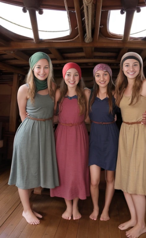 A group of young barefoot beautiful abducted women, all wearing drab dresses and headscarves, below deck in a medieval ship.