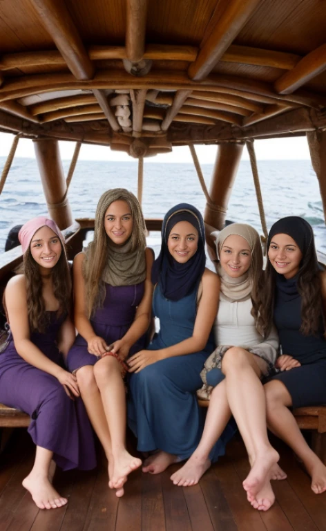 A group of young barefoot beautiful abducted women, all wearing drab dresses and headscarves, below deck in a medieval ship.