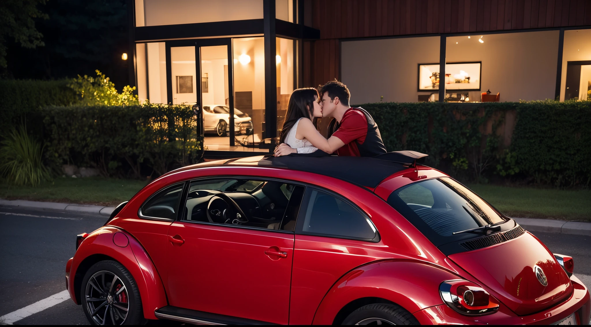 natta，Under nightfall，Red Volkswagen Beetle car，car window kiss（Best quality，The Car）