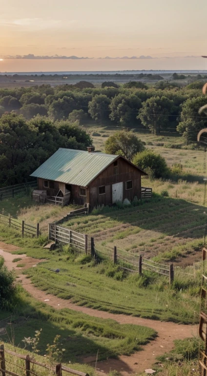 (a buffalo farm,overgrown with weeds),(long-abandoned land),[about a hundred meters from behind the house] (nature,scenic view,[lush grasslands]),(quiet,serene atmosphere),(best quality,ultra-detailed),[beautiful sunrise/sunset lighting],[warm,soft color tones],[golden-hour lighting],[vibrant green grass],[misty atmosphere],[peaceful,captivating scenery],(photorealistic),(painting-like effect)