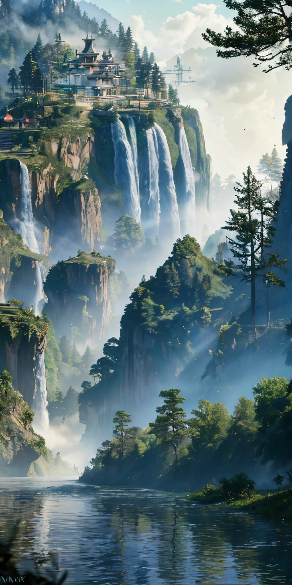 Analog style,ChromaV5,nvinkpunk,(extremely detailed CG unity 8k wallpaper),An image of a majestic river, trees on the sides, tiny waterfall, intense fog ,award winning photography, Chromatic Aberration, Detailed , HDR, Bloom, style by Monet, Pissarro, and Sisley ,trending on ArtStation, trending on CGSociety, art by midjourney
