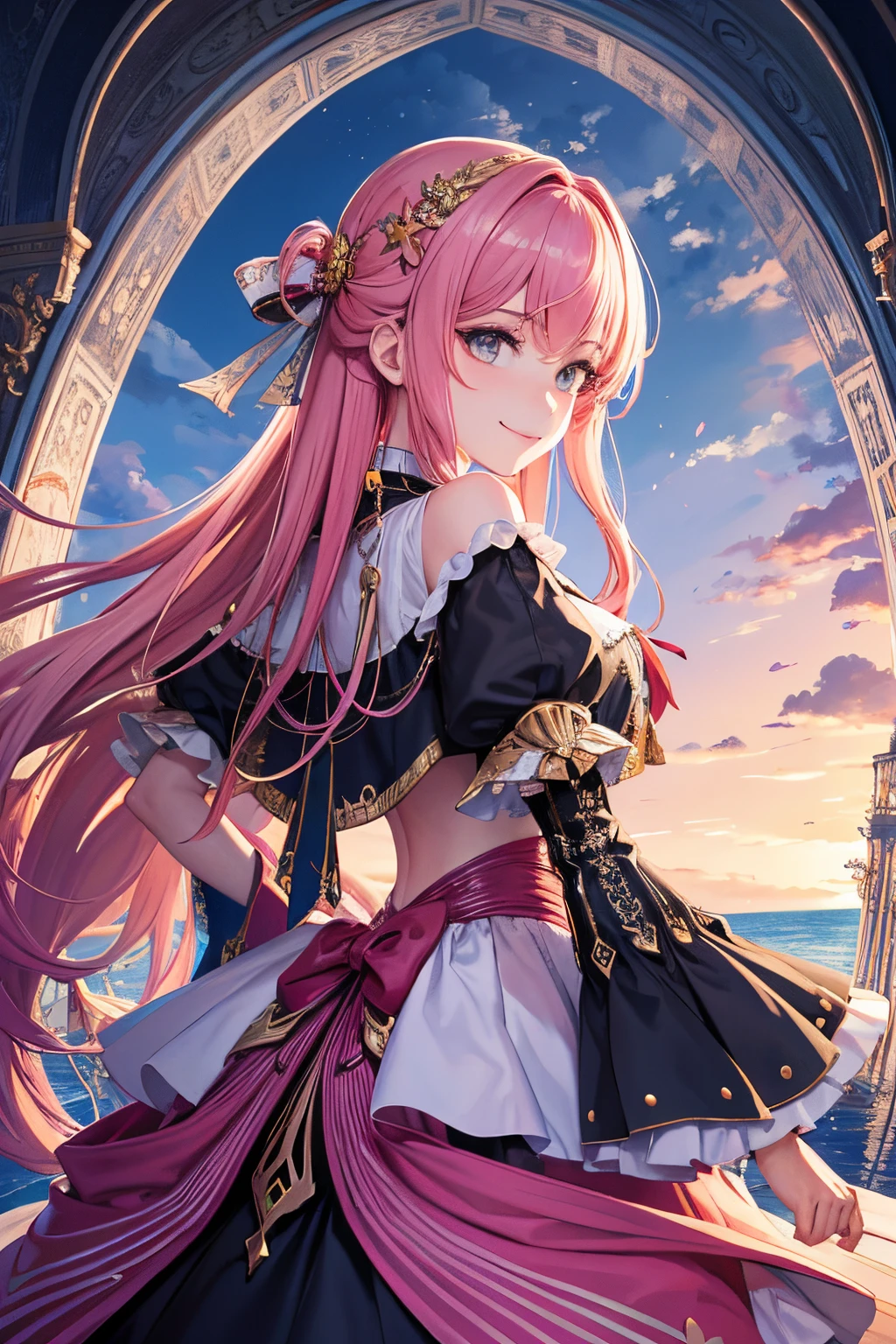 （tmasterpiece，top Quority，best qualtiy，offcial art，Beauty and aesthetics：1.2），（1girl），Extremely detailed，（s fractal art：1.3），extremely colorful，Most detailed，Coral Palace Heart Sea，He smiled back，Surrounded by the ocean，stand on sand，Cross your hands behind your back，Ultimate image quality，Looking back and looking at me with a smile，A look of reluctance on his face，A pink-haired，2.5 dimensions