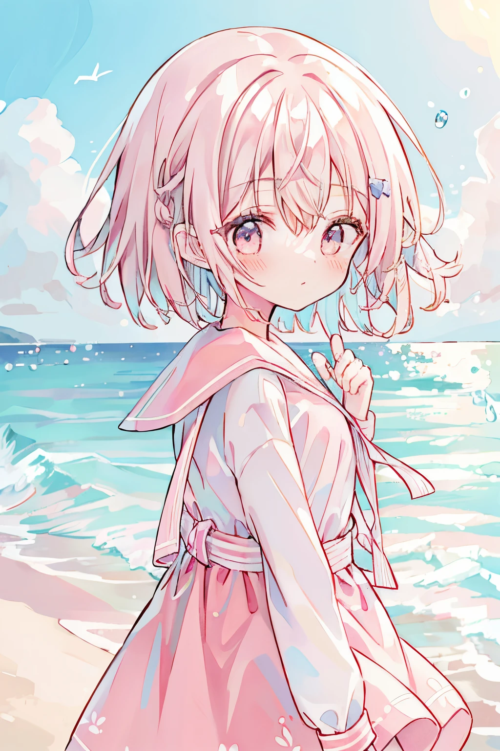 Absurd, high resolution, (Anime tone:1.1), ((Mastepeace)), ((Best quality)), (Super detailed), (Beautiful), Solo, Beautiful face, (Lift up), Cute girl on the sandy beach, Wind, Light pink hair, Bob hair, Short hair, Pink eyes, Hair flutters in the wind, Pink sailor uniform, Sailor uniform, cute, (Mastepeace, Mastepeace