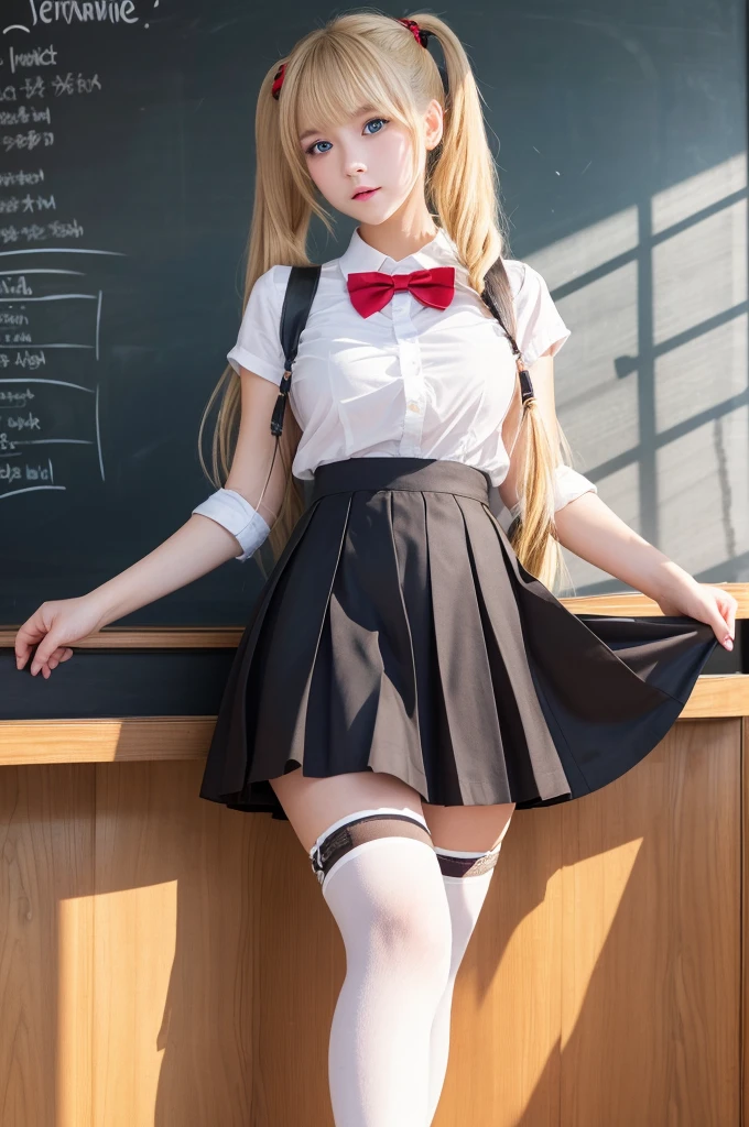 (masterpiece、best quality、extremely detailed 8k、ultra hd、ultra-detailed、highly detailed、highly realistic、photo realistic)、(beautiful realistic face、detailed realistic face)、Extraordinary sexy beauty、angry face、Blonde、long bangs between the eyes,、Super long bright blonde straight hair、twintails、ed bows、red bows in hair、beautiful countenance、Very cute beautiful sexy young little woman、Very perfect beautiful cute face、Glowing big bright light blue eyes、 student、blonde、Young Western Woman、Beautiful white shiny skin、 bag、 black legwear、 chalkboard、 classroom、skirt、red skirt、 pleated skirt、 red skirt、 school bag、 school 、uniform、thighhighs、Brown shoes