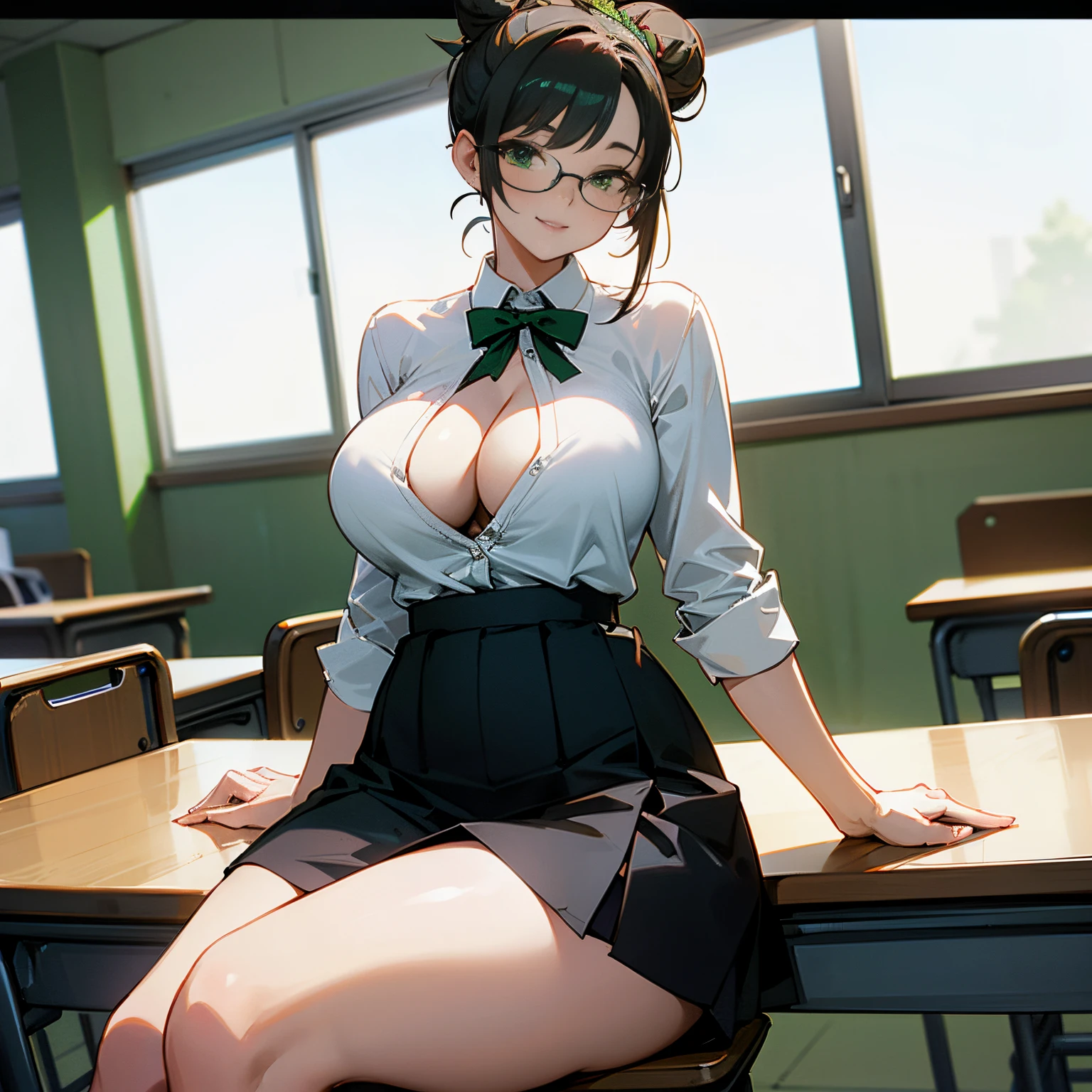 Anime style, college classroom, sexy teacher, beautiful adult woman with green eyes, glasses, hair tied up like a bun, sculptural body, voluptuous, huge breasts, very transparent white shirt, we can see the breasts through the transparency of the shirt, with a large button cleavage, no lingerie underneath, the black skirt shows her thighs and black sandals, She is sitting at the teacher's table, legs crossed, behind the black square with mathematical counts, she has a sexy stare and smiles mischievously