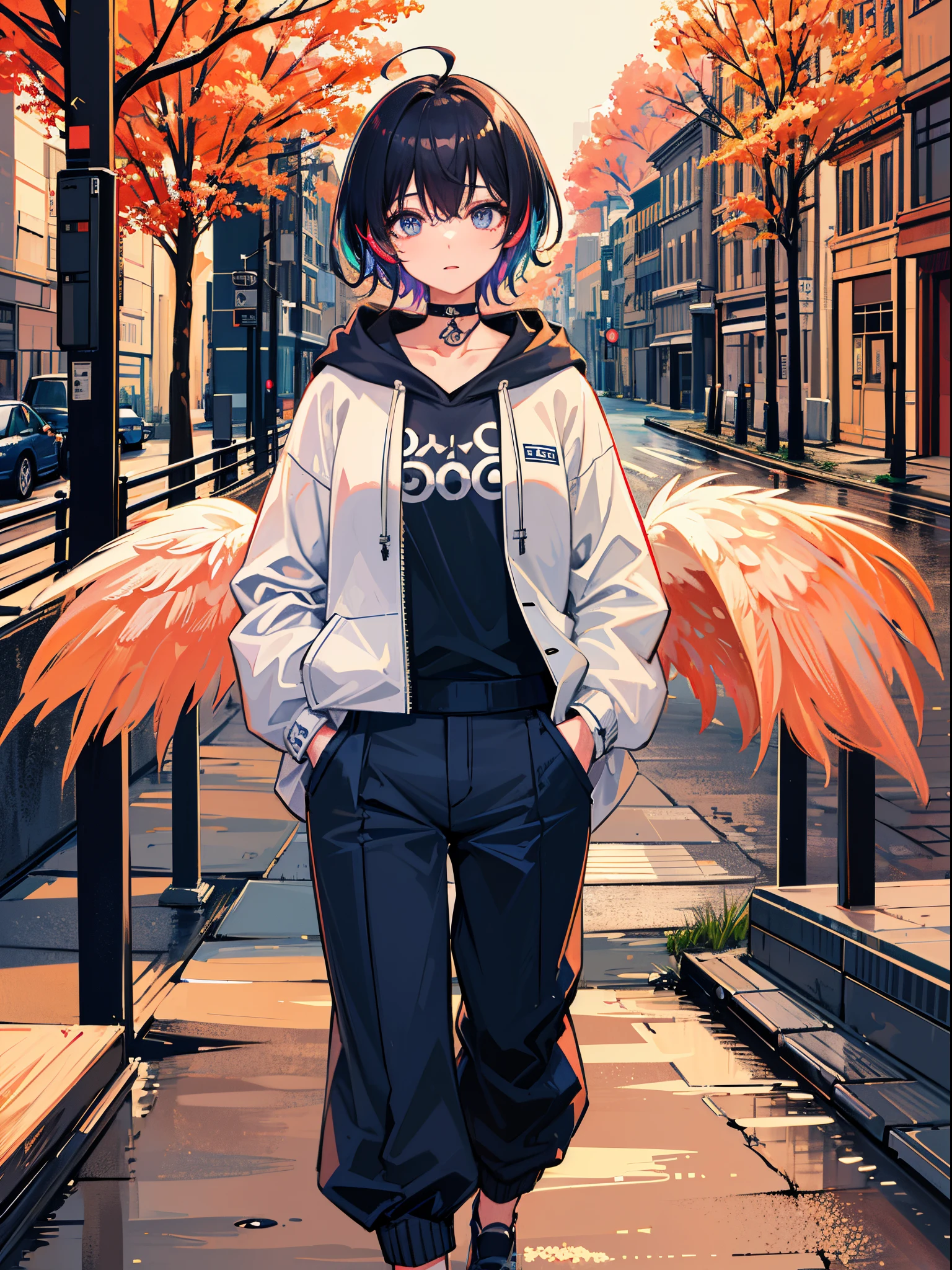 8K分辨率、((top-quality))、((masterwork))、((ultra-detailliert))、1 woman、独奏、incredibly absurdness、Oversized Hoodies、headphones、street、plein air、Sateen、neons、Shortcut Hair、Brightly colored eyes、Hands in pockets、shortpants、water dripping