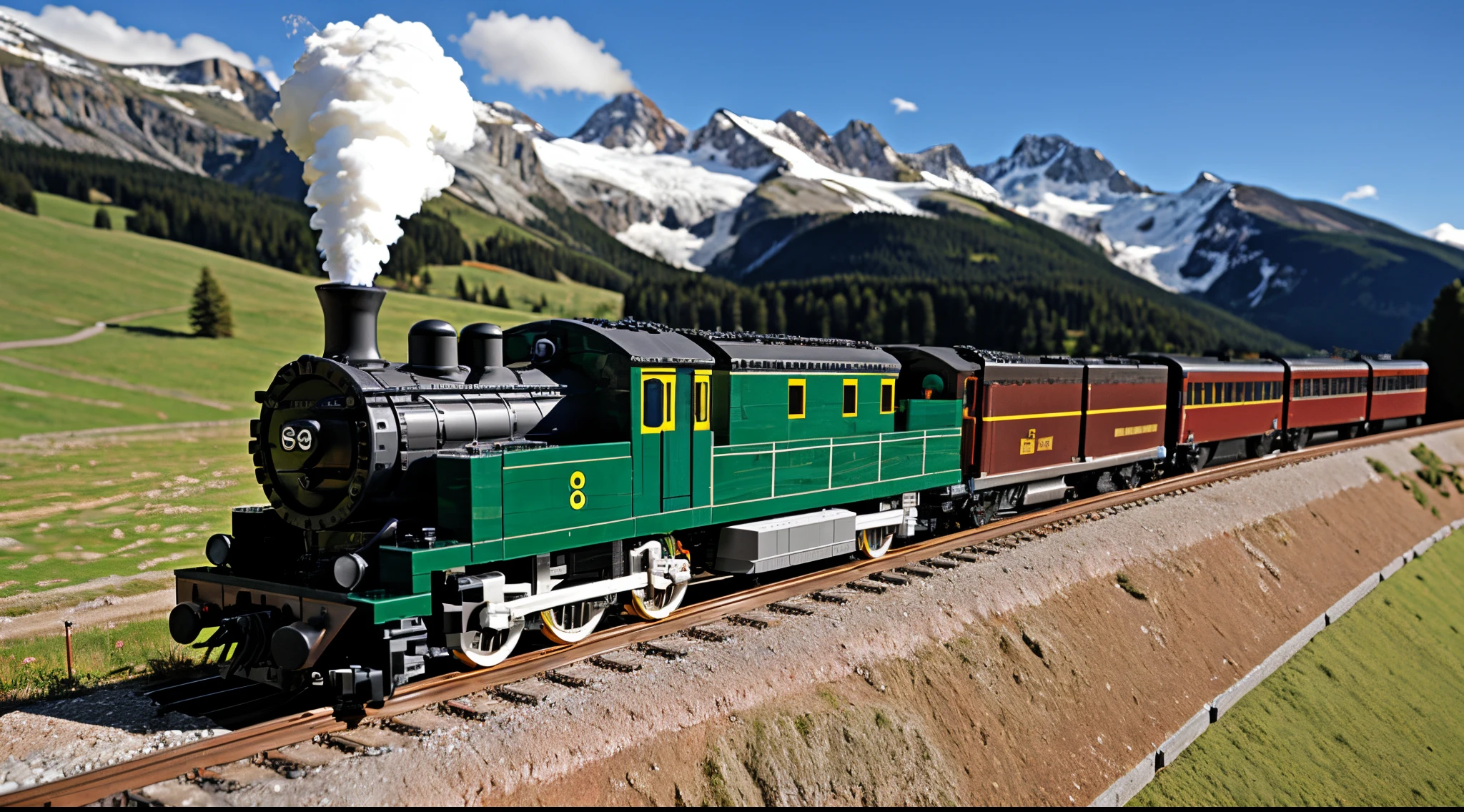 train, lego, grand engine, real puffing steam, alpine scenery