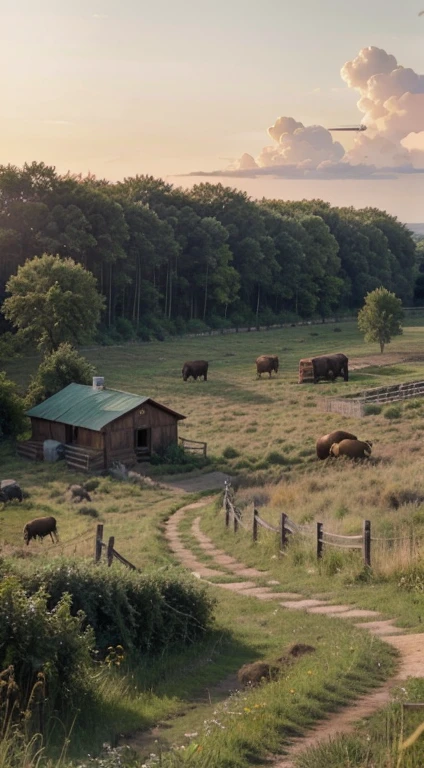 (a buffalo farm,overgrown with weeds),(long-abandoned land),[about a hundred meters from behind the house] (nature,scenic view,[lush grasslands]),(quiet,serene atmosphere),(best quality,ultra-detailed),[beautiful sunrise/sunset lighting],[warm,soft color tones],[golden-hour lighting],[vibrant green grass],[misty atmosphere],[peaceful,captivating scenery],(photorealistic),(painting-like effect)