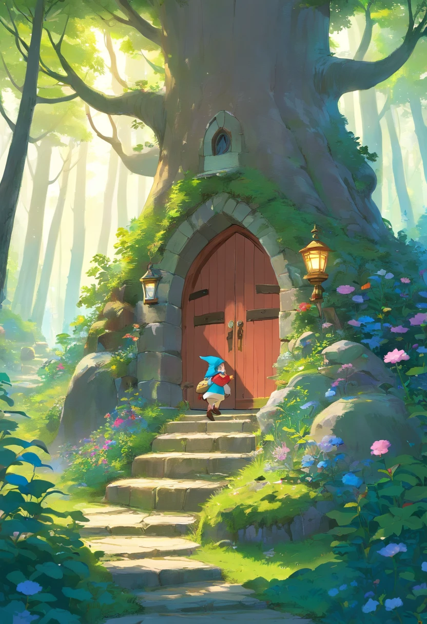 ln the forest、Cogumelos、casa、fanciful、Fairytale、whimsically、magical、big breasts enchanting、Colorful、with dynamism、cozily、small、adolable、Overgrown with moss、Round door、janelas、chimneys、smog、Tall trees、lush foliage、blossoms、butterflys、birds、Fantasy creatures、gnome、faeries、drak、Winding paths、flashing lights、starrysky、themoon、Magical light、peace、peacful、Be imaginative、story book、dream magical、hyper realisitc