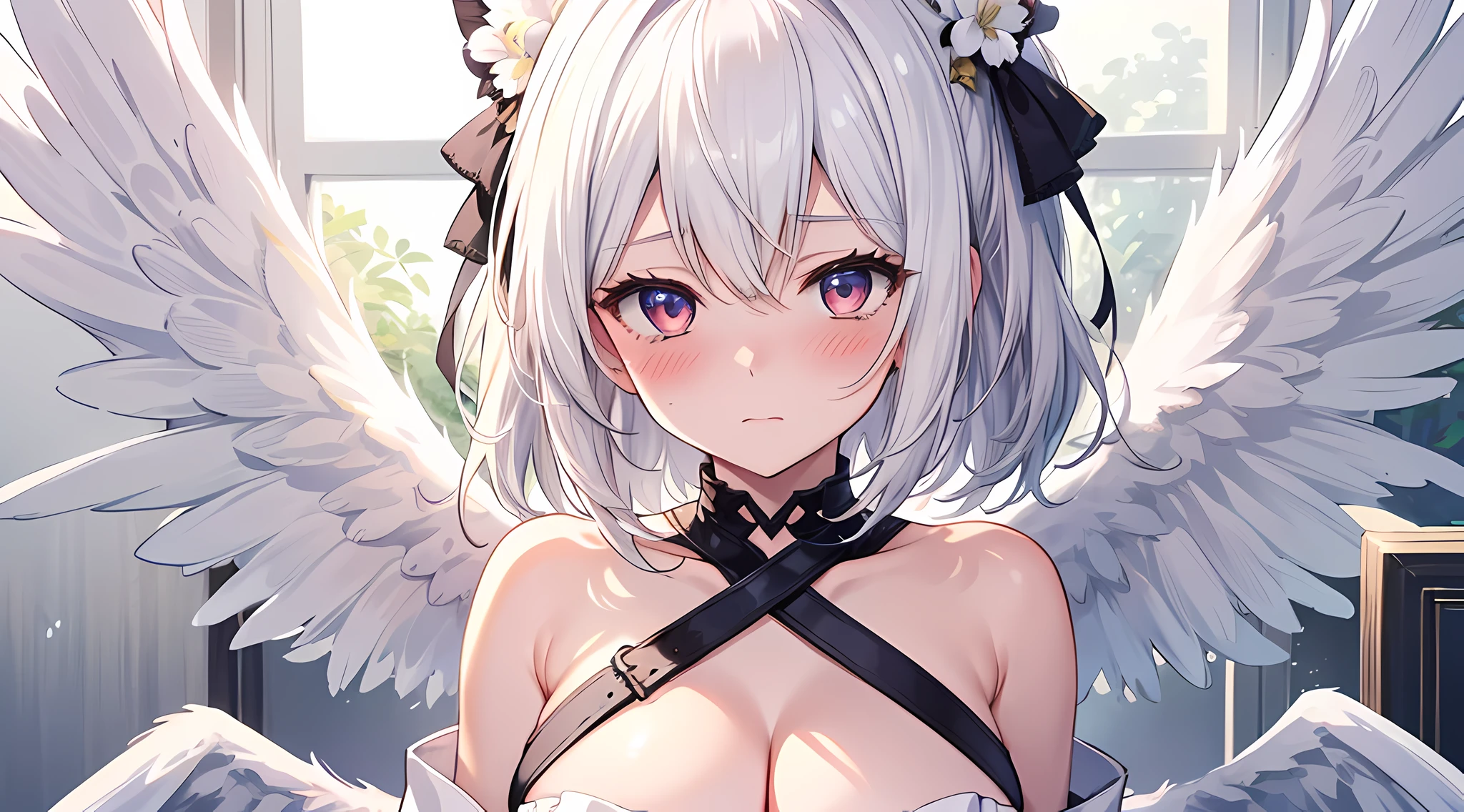 a woman, (white hair, detailed hair), pixiv contest winner, serial art, top rated on pixiv, angel wings, big breast, side boobs, wearing white angel cloth, her face is blushing, embarassed, seductive expression, naughty woman expression, azurlane style, standing, (half body:0.6), half body illustration