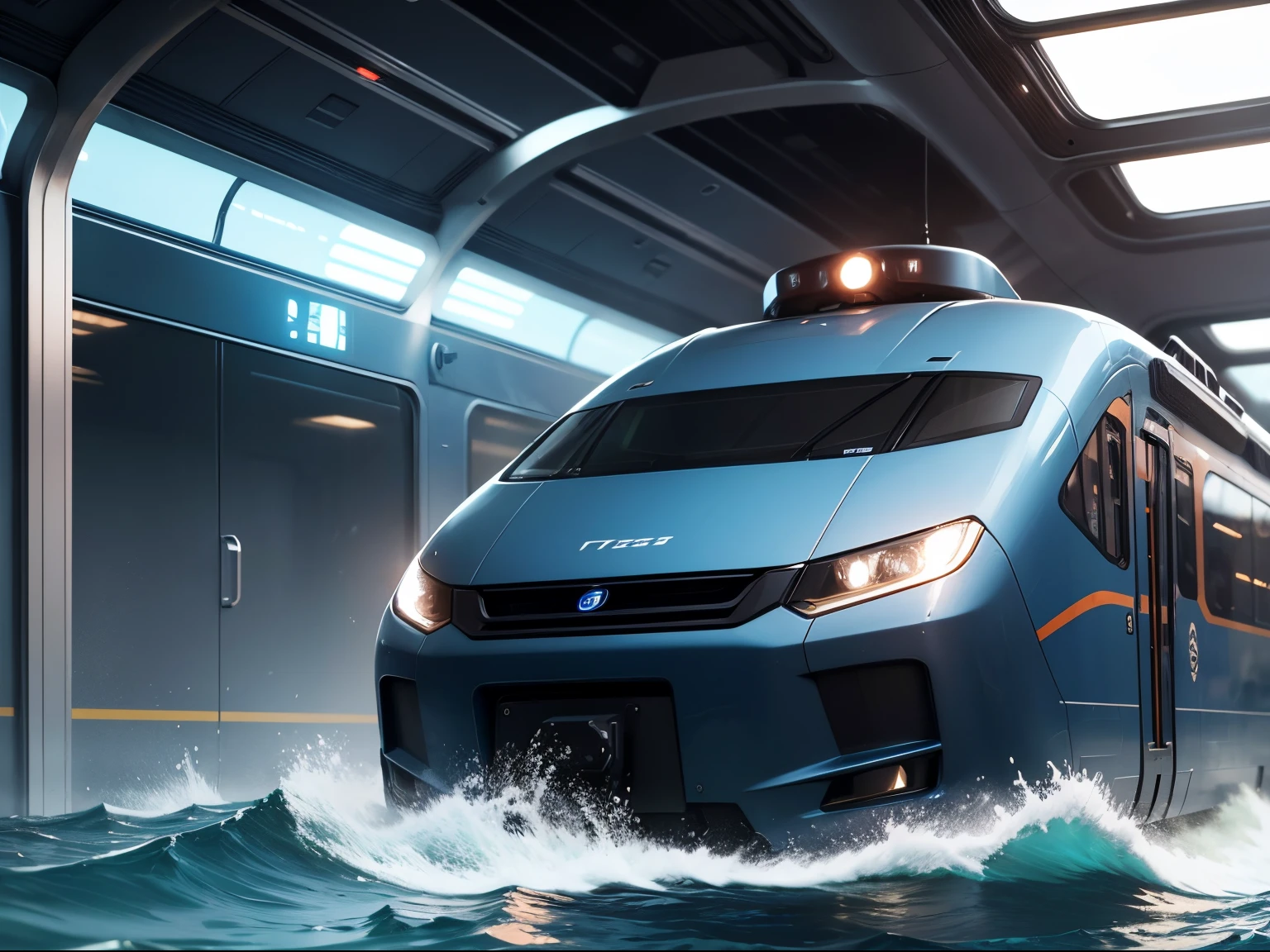 tmasterpiece, Best quality at best，If future trains could travel in the sea, their design would likely be significantly different from current train designs. They may have a streamlined and aerodynamic shape to reduce drag and increase speed. They may also have advanced waterproofing and buoyancy systems to allow them to float and move through the water. Additionally, they may have advanced propulsion systems such as hydrofoils or submarines to generate the necessary power to move through the water. The train may also have advanced safety features such as collision avoidance systems and advanced life-saving equipment to ensure the safety of the passengers. However, the exact design of the sea-faring train's exterior would depend on the advancements in technology and the needs of the passengers.