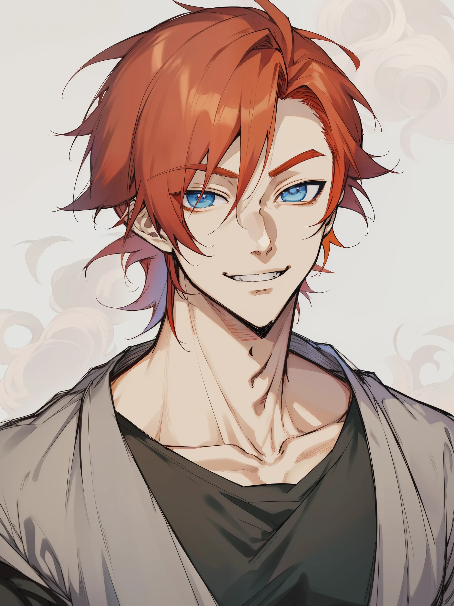 Anime boy with red hair and black shirt and black top, anime handsome guy, young anime man, tall anime man with blue eyes, orange - haired anime boy, male anime characters, ( ( ( yoshinari yoh ) ) ), smileing nright, Anime portrait of a handsome man, Male anime style, handsome guy in demon slayer art