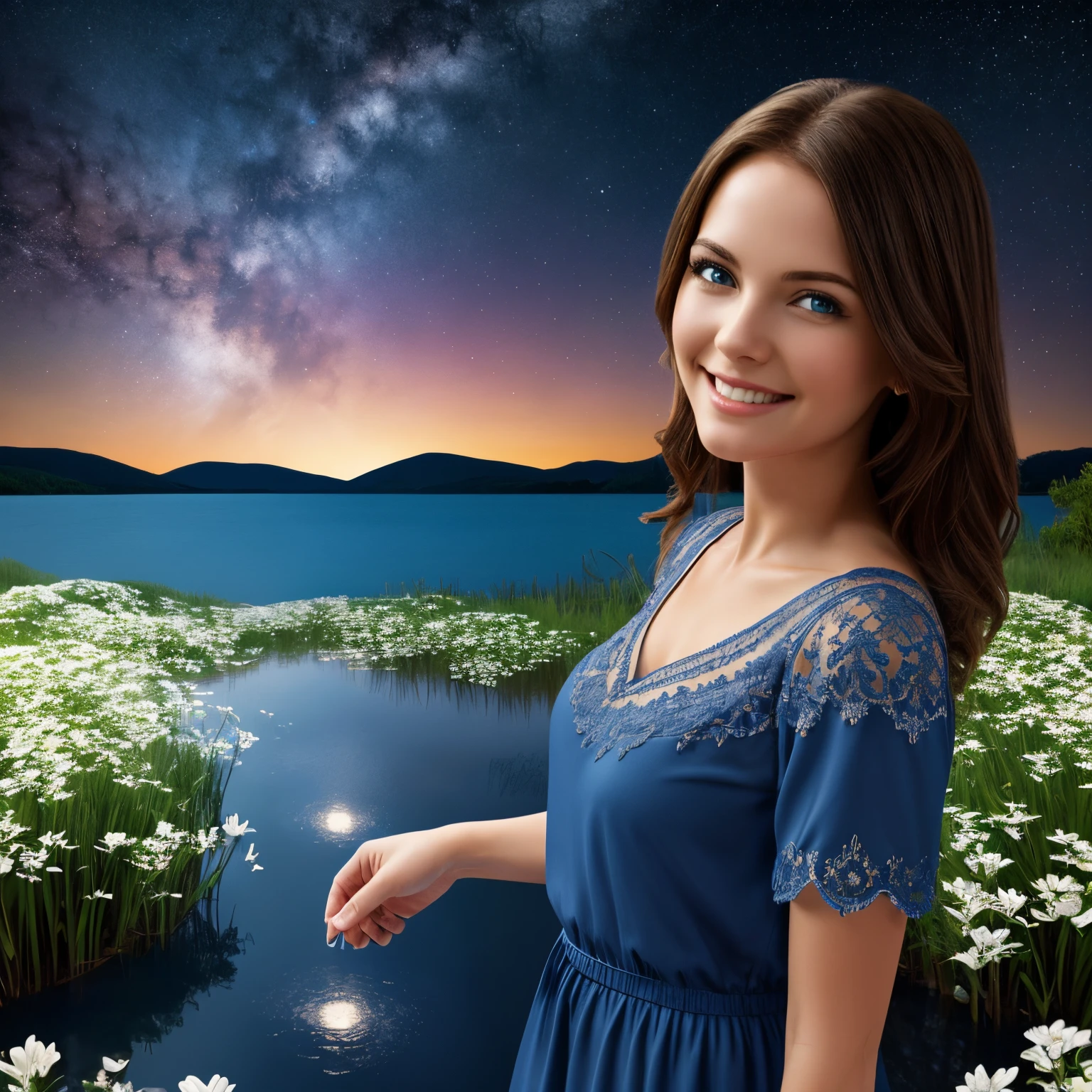 Landscape of very detailed planet at night, close up of woman beautiful blue eyes brown hair medium breasts lacy blue dress standing in the water with white flowers, sexy smile, high detailed reflection on a lake, stars and planets visible in the distance, 8K, RAW, best quality, masterpiece, ultra high res, colorful, ((masterpiece, best quality)), realistic shadows, (highly detailed background plan: 1.2), Highly detailed RAW color photo