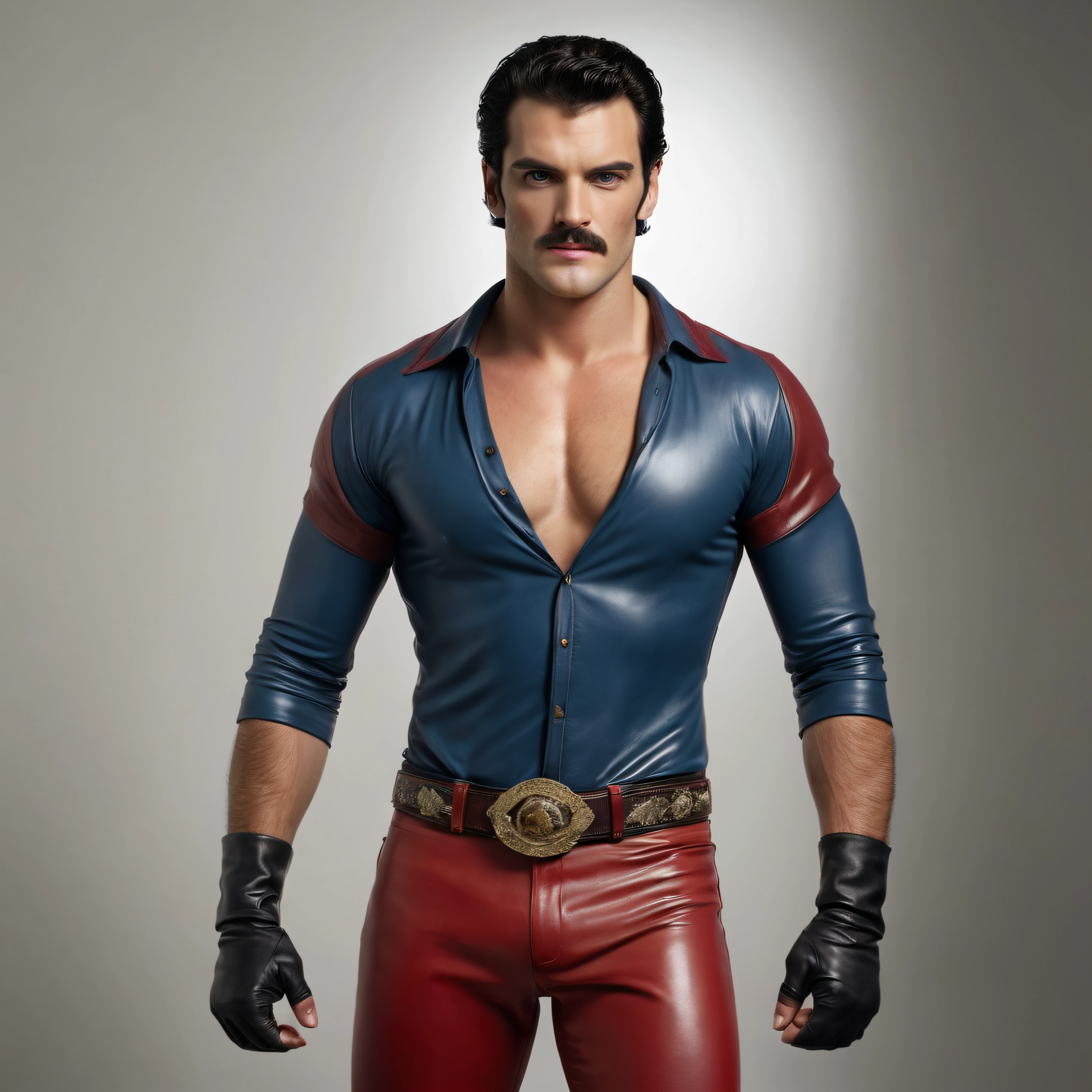 Full Body portrait, head to toe, 18-year-old Paul Stanley/Elvis Presley/Tom Selleck/Henry Cavill/Keanu Reeves/Dolph Lundgren/Tyler Hoechlin/Jon Bernthal hybrid as a man named Terrence Crabtree who has extra short, buzz-cut hair, bright blue eyes, a thick mustache, and is known as Split Second, he is faster than the speed of light, He wears a bandit eye mask, a skintight, formfitting red leather costume with a skintight, formfitting cowl, oil painting in the art style of Gilbert Stuart, 32k, UHD, hyper realistic, Photorealistic, sharp, vibrant, extremely colorful, highly detailed, professional quality, beautiful, awesome, majestic, superb, trending on artstation