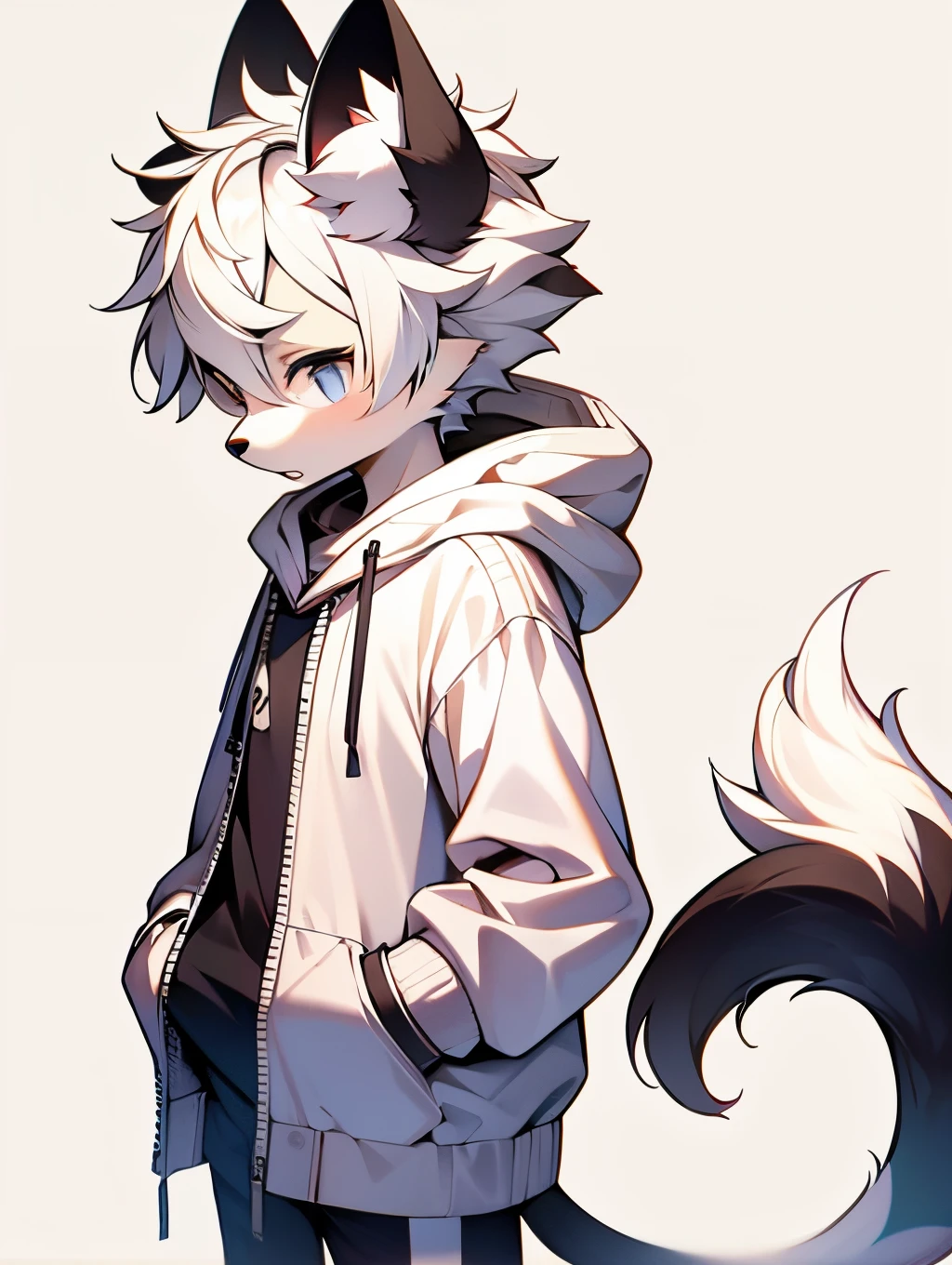 simplebackground,Bright white hair,Short hair details,furry tail,male people,human - shaped,white hooded,shorter pants,Light white fur,White ears,