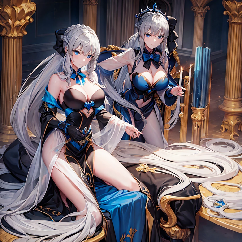 （Enrich the picture，Masterpiece level quality）Beautiful 8K CG artwork，morgan le fay (fate), blue eyes, Long Hair, pony tail,Very long hair, big boob, black bow, looking at viewer, gown, Hair Bow, thights, thights, black dress, Bangs, side locks, French braid, grey hair,Goddess-like posture,Kneeling exercise,Slim and soft,Translucent skin,(((solo))),