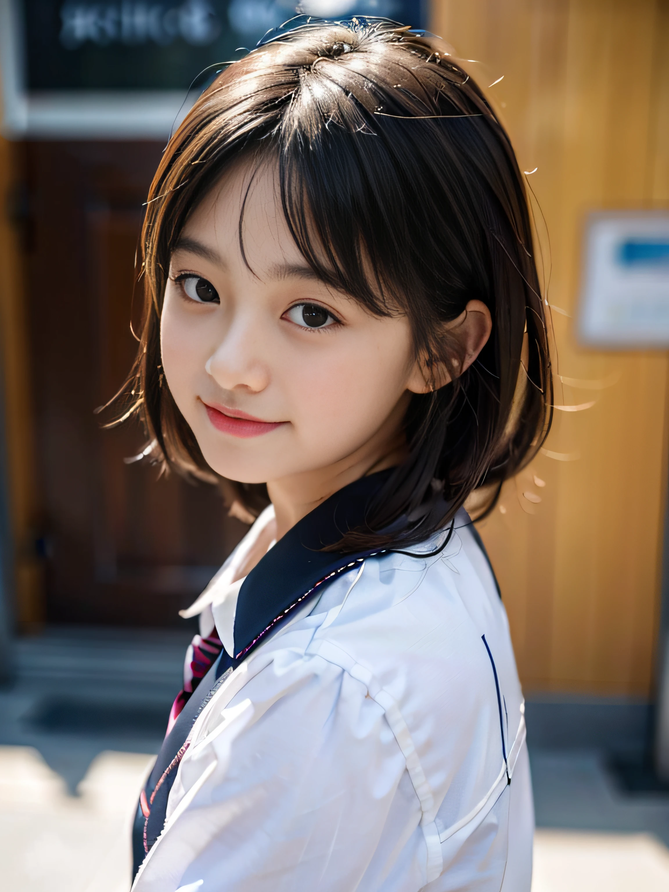real photograph，Best quality， tmasterpiece， 超高分辨率，  A  girl of eigchool uniform， ssmile，background whites