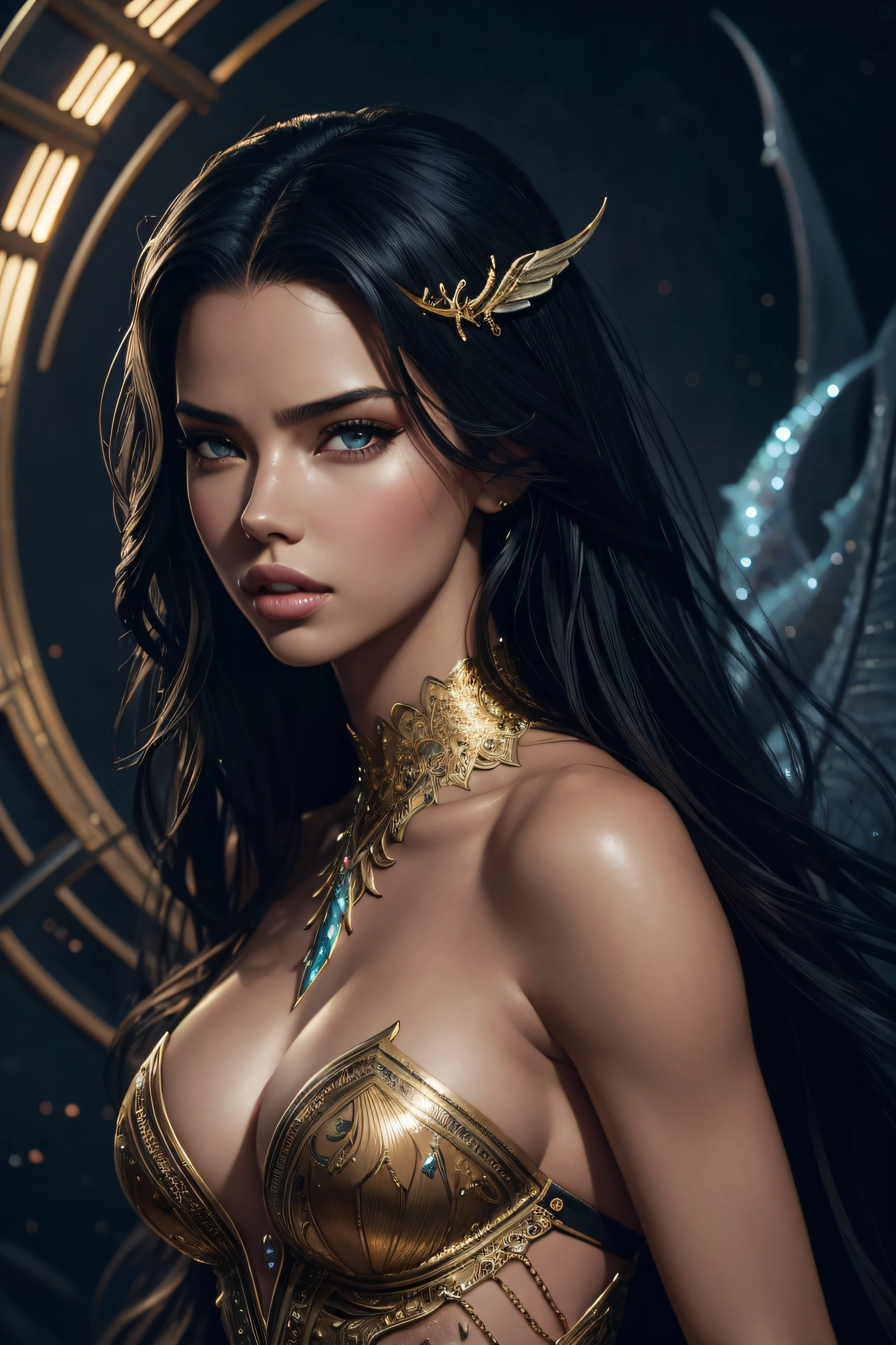 Adriana Lima, mermaid sexy clothes, character portrait, 3 9 9 0 s, long hair, intricate, elegant, highly detailed, digital painting, artstation, concept art, smooth, sharp focus, illustration, art by wlop, charlie bowater and alexandra fomina