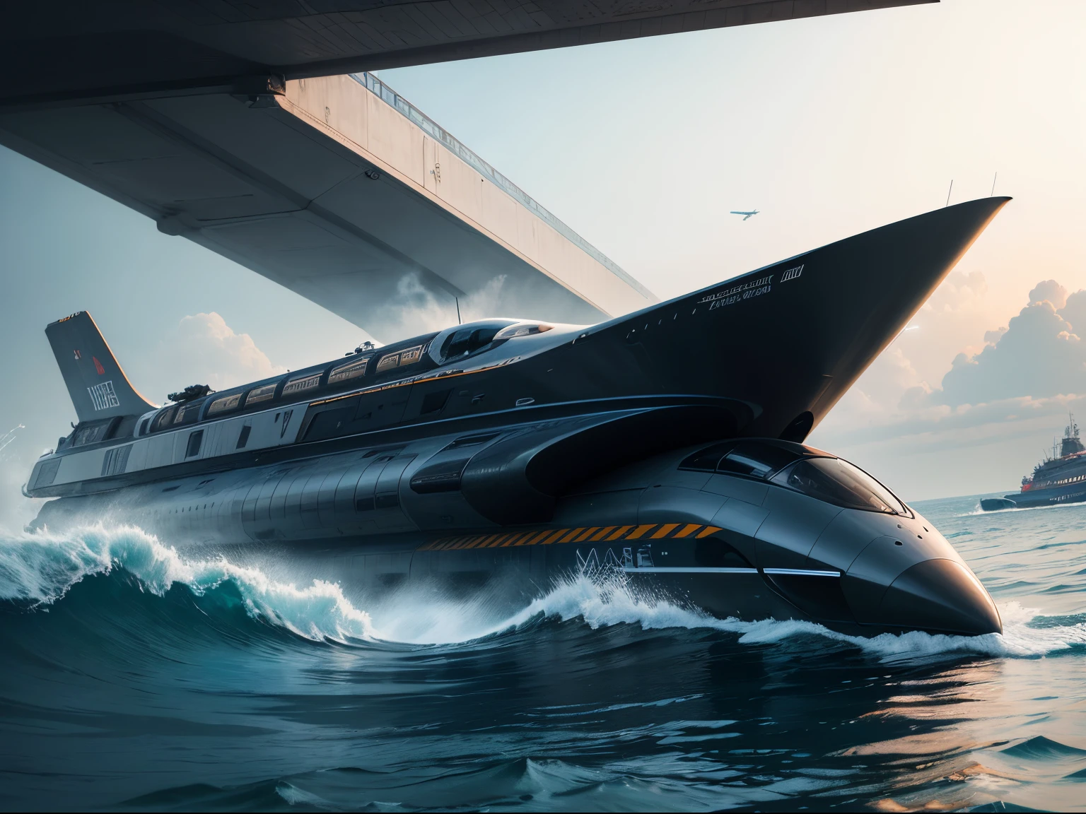 tmasterpiece, Best quality at best，If future trains could travel in the sea, their design would likely be significantly different from current train designs. They may have a streamlined and aerodynamic shape to reduce drag and increase speed. They may also have advanced waterproofing and buoyancy systems to allow them to float and move through the water. Additionally, they may have advanced propulsion systems such as hydrofoils or submarines to generate the necessary power to move through the water. The train may also have advanced safety features such as collision avoidance systems and advanced life-saving equipment to ensure the safety of the passengers. However, the exact design of the sea-faring train's exterior would depend on the advancements in technology and the needs of the passengers.