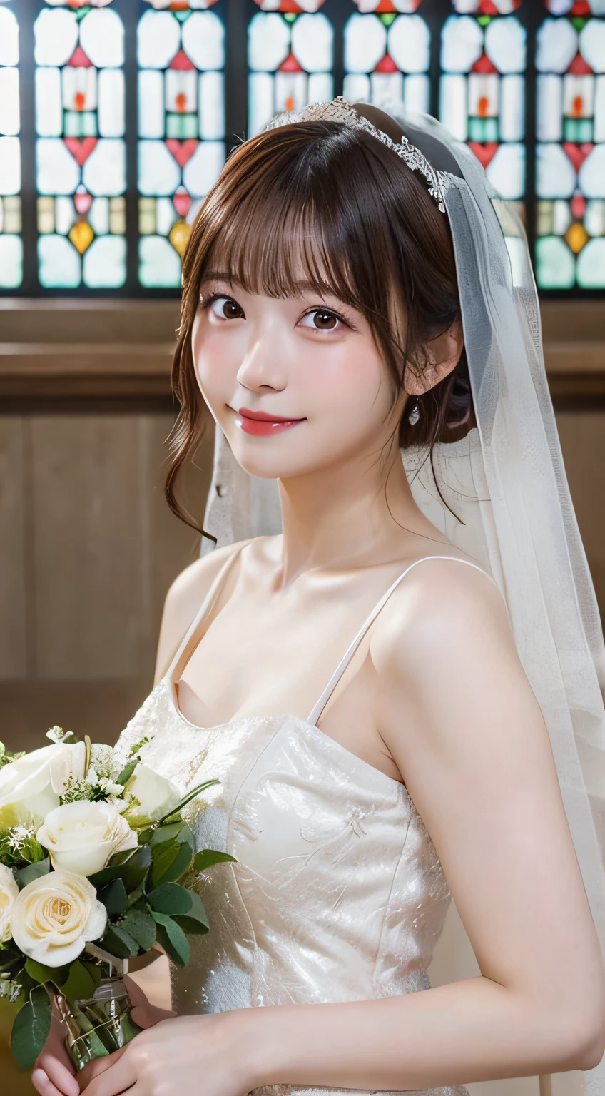 (top-quality,​masterpiece:1.3,超A high resolution,),(ultra-detailliert,Caustics),(Photorealsitic:1.4,RAW shooting,)Ultra-realistic capture,A highly detailed,High resolution 16K human skin closeup。 Skin texture is natural、,The pores are、Must be detailed enough to be easy to identify。 Skin should look healthy with even tones。 Use natural light and color,女の子1人,japanes,kawaii,22year old,Crying and laughter,Looking at the camera,Natural brown hair,half up,Medium-sized breasts,wedding veil,Pure White Wedding Dresses,Having a bouquet, through,Looking at the camera,chapel,(stain glass),Flooded with light,(Front view),front-facing view,cowboy  shot,natural soft light