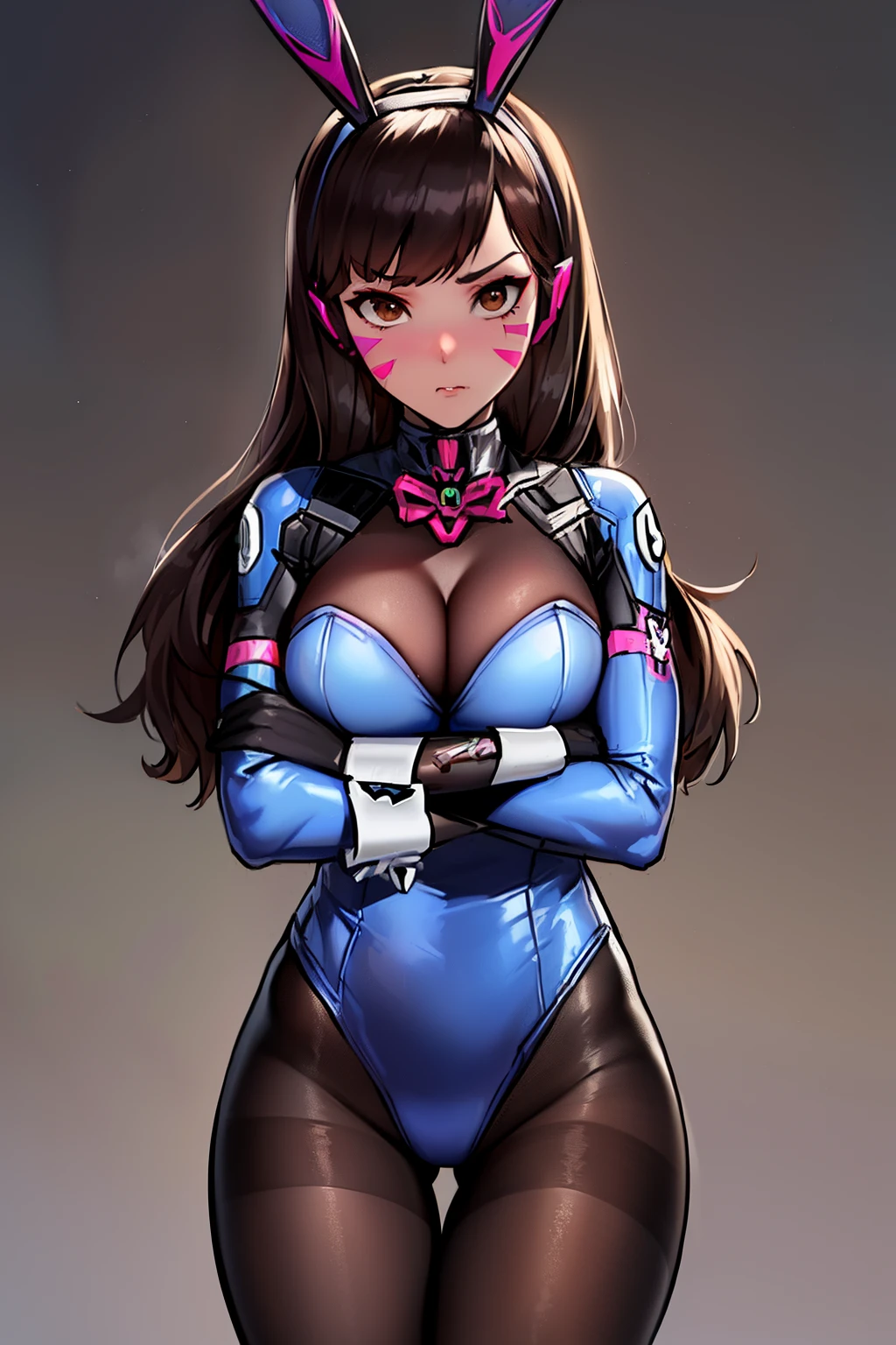 Deeva \(overwatch 1 version\), d.va /(overwatch 1/), (black playboy_bunny:1.31), 1girl, long hair, solo, brown hair, brown eyes, face marking, standing, disgust, arms crossed, from below,  pantyhose