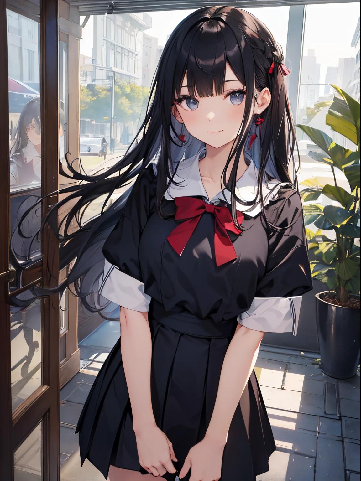 Anime girl with long black hair and a red bow - SeaArt AI