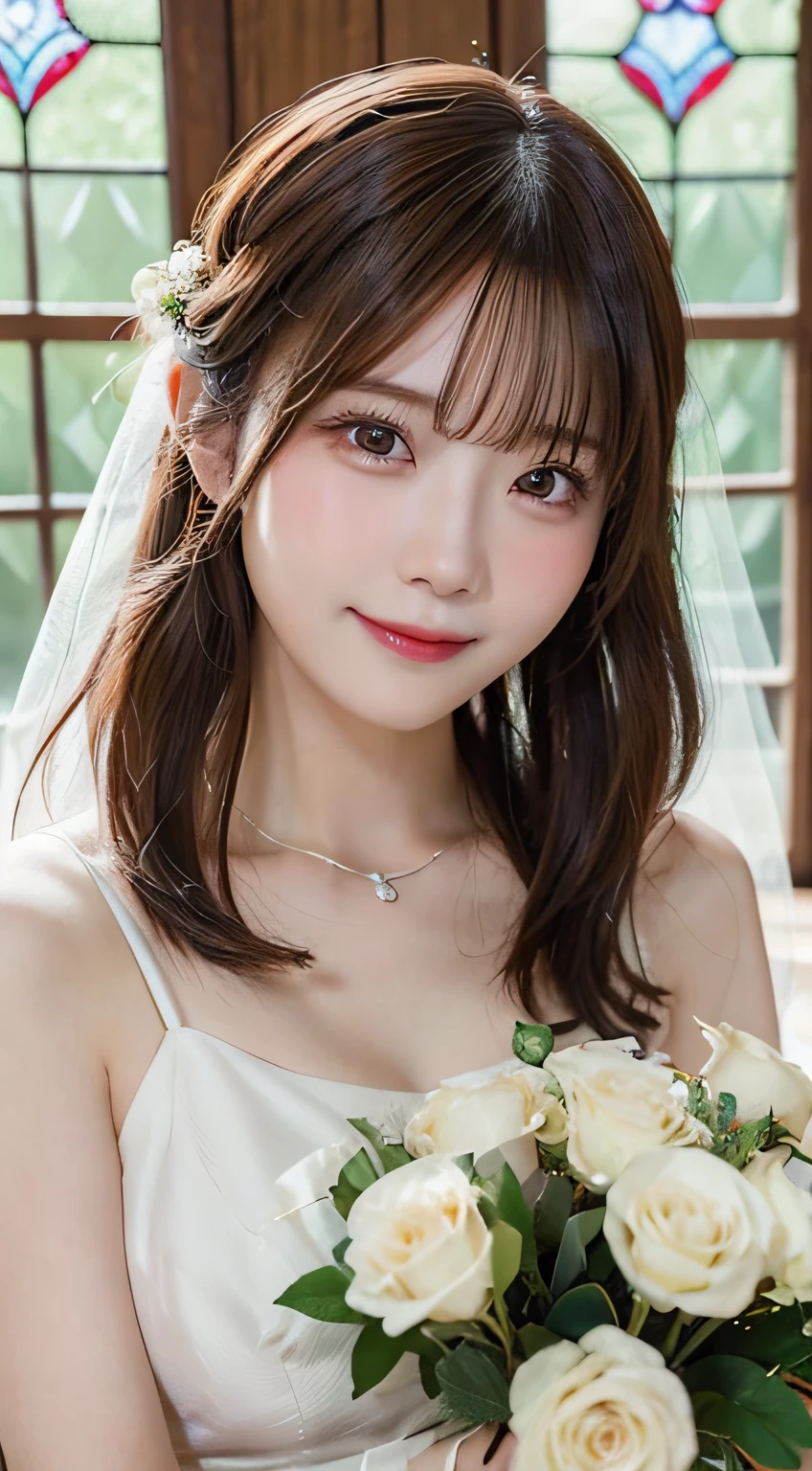 (top-quality,masterpiece:1.3,超A high resolution,),(ultra-detailliert,Caustics),(Photorealsitic:1.4,RAW shooting,)Ultra-realistic capture,A highly detailed,High resolution 16K human skin closeup。 Skin texture is natural、,The pores are、Must be detailed enough to be easy to identify。 Skin should look healthy with even tones。 Use natural light and color,女の子1人,japanes,kawaii,22year old,Crying and laughter,Looking at the camera,Natural brown hair,half up,Medium-sized breasts,wedding veil,Pure White Wedding Dresses,Having a bouquet,erect through,Looking at the camera,chapel,(stain glass),Flooded with light,(Front view),front-facing view,cowboy shot,natural soft light