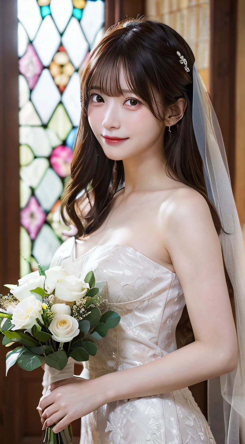 (top-quality,masterpiece:1.3,超A high resolution,),(ultra-detailliert,Caustics),(Photorealsitic:1.4,RAW shooting,)Ultra-realistic capture,A highly detailed,High resolution 16K human skin closeup。 Skin texture is natural、,The pores are、Must be detailed enough to be easy to identify。 Skin should look healthy with even tones。 Use natural light and color,1人,japanes,kawaii,22year old,Crying and laughter,Looking at the camera,Natural brown hair,half up,Medium-sized breasts,wedding veil,Pink Wedding Dresses,Having a bouquet,erect through,Looking at the camera,chapel,(stain glass),Flooded with light,(Front view),front-facing view,cowboy shot,natural soft light