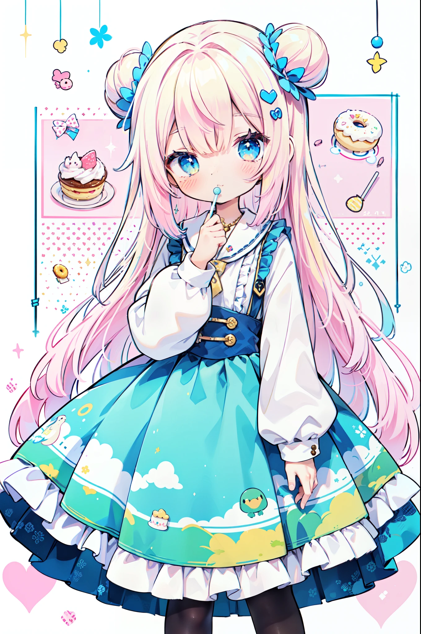 1girl in, ((Character information)、(Chara Leaf)、pastel dimmed colors, (Yellow color palette.:1.2, Blue:1.2, Pink:1.2), (Blue hair bun and blonde), Short fashionable skirt, Sitting on a throne of sweets and pastries, For example, doughnut, splash, candy, Lollipop, Lollipop cane, a cake, cupcake, Cake Pop, Ruffles and lace, polka dot,(Lush pastel dresses)