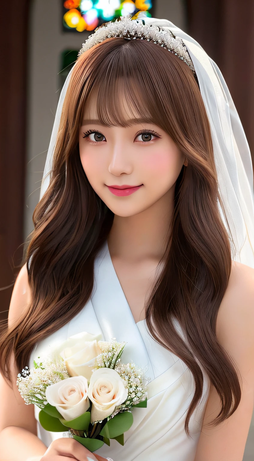 best qualtiy, 1 girl per 1 photo, close up of face, front-facing view, a Japanese young pretty girl, Wavy Hair, Wearing a veil, Wearing white shiny silk wedding dress with big smile, Holding one bouquet of flowers with both hands in church, hyper cute face, Glossy lips, double eyelids for both eyes, Glamorous makeup, shiny smooth light brown hair, asymmetrical bangs, Tanned skin, central image, 8K resolution, high detailing, detailed hairstyle, Detailed face, Cinematic lighting, Octane Rendering, Hyper realistic, Perfect limbs, Perfect Anatomy