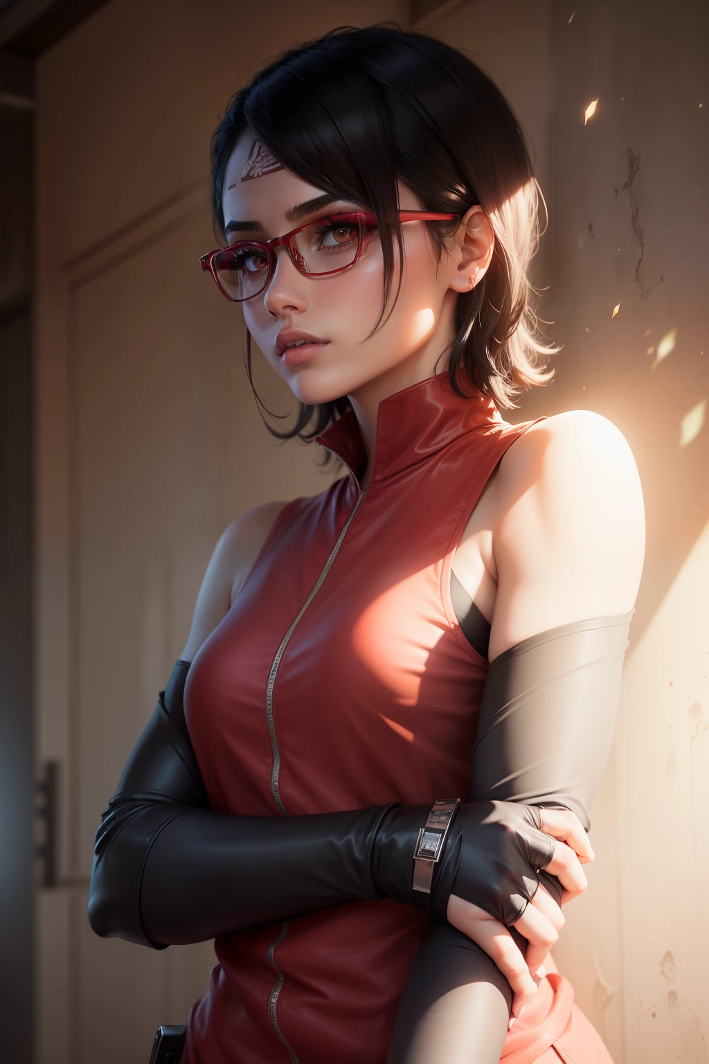 (highres,masterpiece:1.2),ultra-detailed,realistic,professional,beautiful detailed eyes,beautiful detailed lips,dark hair,short black hair,red glasses,stunning black eyes,clear skin,18-year-old girl,fashionable short hairstyle,vibrant red glasses,Shinobi Academy,fierce determination,confident posture,crimson outfit,intense gaze,background filled with ninjutsu techniques,shadows cleverly accentuating her features,subtle studio lighting,sublime realism,striking color tones
